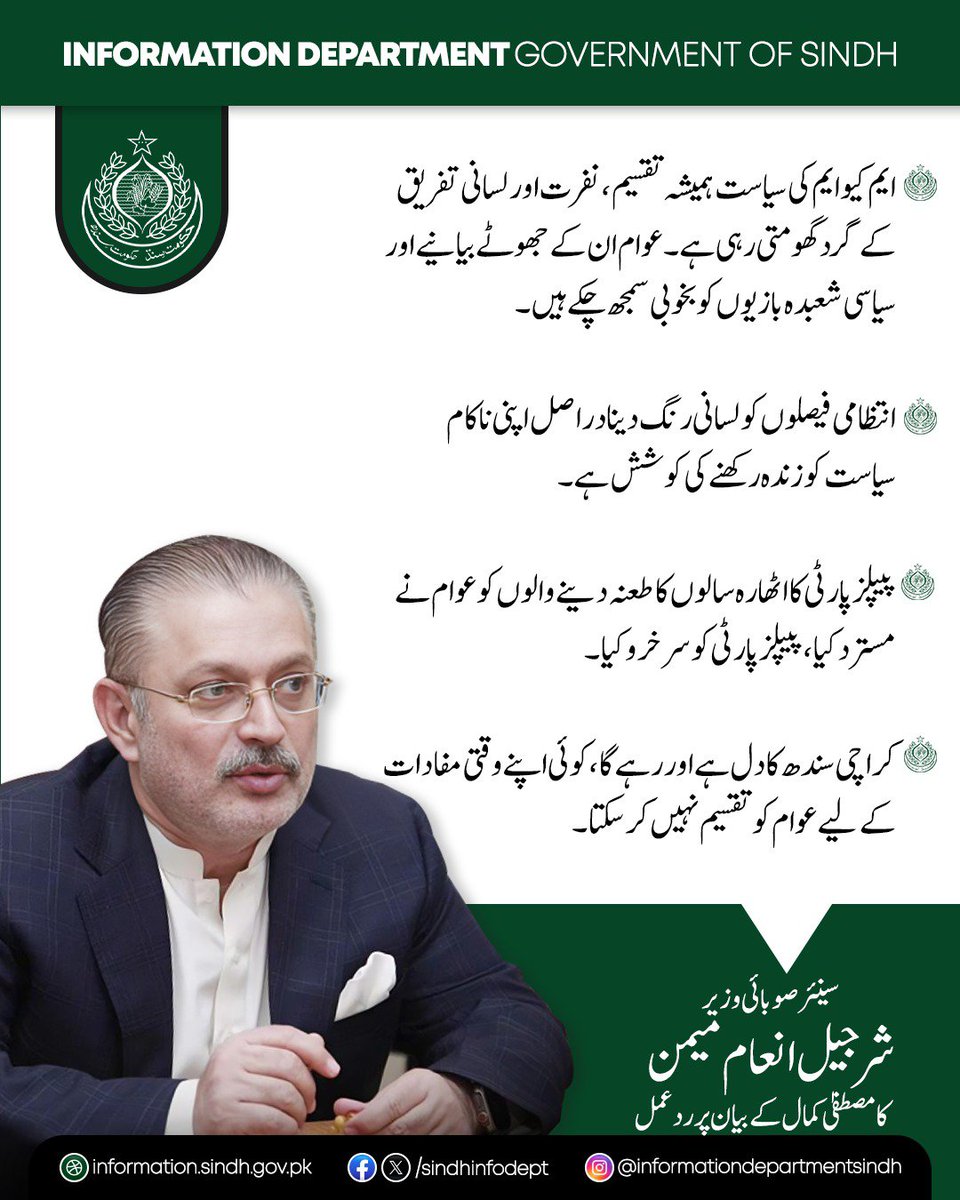 sindhinfodepart's tweet photo. سندھ کے سینئر وزیر شرجیل انعام میمن نے مصطفیٰ کمال کے بیان پر ردعمل دیتے ہوئے کہا ہے کہ ایم کیو ایم کی سیاست ہمیشہ تقسیم، نفرت اور لسانی تفریق کے گرد گھومتی رہی ہے۔ عوام ان کے جھوٹے بیانیے اور سیاسی شعبدہ بازیوں کو بخوبی سمجھ چکے ہیں۔

انہوں نے کہا کہ انتظامی فیصلوں کو لسانی رنگ دینا دراصل اپنی ناکام سیاست کو زندہ رکھنے کی کوشش ہے۔ پیپلز پارٹی کا اٹھارہ سالوں کا طعنہ دینے والوں کو عوام نے مسترد کیا، پیپلز پارٹی کو سرخرو کیا۔

سینئر وزیر کا کہنا تھا کہ کراچی سندھ کا دل ہے اور رہے گا، کوئی اپنے وقتی مفادات کے لیے عوام کو تقسیم نہیں کر سکتا۔
