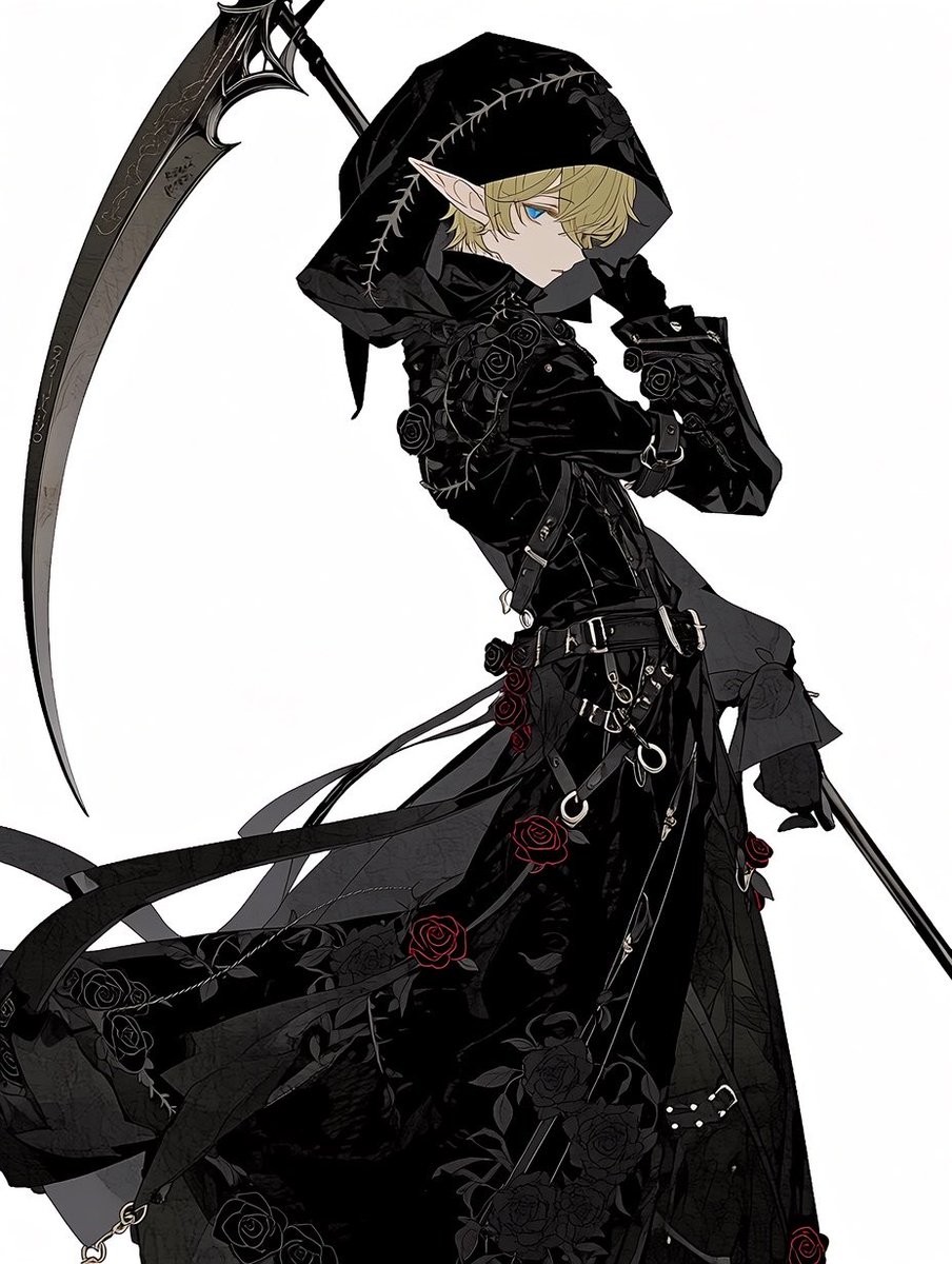 towa_AIillust's tweet photo. 🌹ゴシックパンク死神衣装プロンプト🌹
ハロウィンっぽい衣装考えていて、死神いいかもーと作りました💀
プロンプト
[CONCEPT]
Traditional Grim Reaper silhouette reinterpreted as refined gothic punk fashion.

[SILHOUETTE]
Long fitted black hooded coat, dramatic oversized hood, narrow waist, elongated proportions, asymmetric layered tails, controlled flowing fabric.

[MATERIALS]
Black wool, matte leather, jacquard, subtle velvet textures, luxurious monochrome construction.

[GOTHIC DETAILS]
Black-on-black embroidery, thorn vines, black roses, gothic cathedral tracery, selective embroidery along the hood, shoulders, cuffs, and hem.

[PUNK DETAILS]
Minimal leather harness detailing, narrow waist belts, antique-silver buckles, fine chains, carefully placed metal rings.

[RED ROSE ACCENT]
Deep crimson red roses used sparingly as elegant accent details, small embroidered rose motifs, a single rose ornament, subtle floral decoration against the black outfit.

[HANDS]
Long fitted sleeves, black leather gloves.

[FOOTWEAR]
Tall black platform combat boots, clean leather straps, antique-silver hardware.

[SCYTHE]
Large Grim Reaper scythe, matte-black shaft, long dark gunmetal blade, subtle gothic engraving.

[POSE]
Holding the scythe in a confident, dramatic ready stance.

[MOOD]
Sleek, severe, elegant, rebellious, aristocratic, mysterious, refined.

[COLOR PALETTE]
Jet black, charcoal, dark graphite, gunmetal, antique silver, deep crimson red accents.

[STYLE]
Gothic Punk × Grim Reaper × Dark High Fashion.