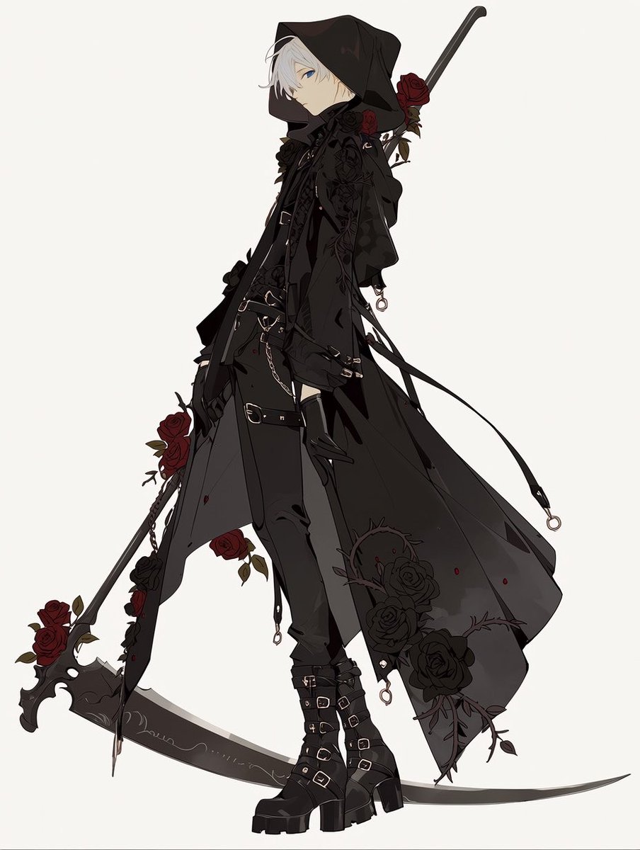 towa_AIillust's tweet photo. 🌹ゴシックパンク死神衣装プロンプト🌹
ハロウィンっぽい衣装考えていて、死神いいかもーと作りました💀
プロンプト
[CONCEPT]
Traditional Grim Reaper silhouette reinterpreted as refined gothic punk fashion.

[SILHOUETTE]
Long fitted black hooded coat, dramatic oversized hood, narrow waist, elongated proportions, asymmetric layered tails, controlled flowing fabric.

[MATERIALS]
Black wool, matte leather, jacquard, subtle velvet textures, luxurious monochrome construction.

[GOTHIC DETAILS]
Black-on-black embroidery, thorn vines, black roses, gothic cathedral tracery, selective embroidery along the hood, shoulders, cuffs, and hem.

[PUNK DETAILS]
Minimal leather harness detailing, narrow waist belts, antique-silver buckles, fine chains, carefully placed metal rings.

[RED ROSE ACCENT]
Deep crimson red roses used sparingly as elegant accent details, small embroidered rose motifs, a single rose ornament, subtle floral decoration against the black outfit.

[HANDS]
Long fitted sleeves, black leather gloves.

[FOOTWEAR]
Tall black platform combat boots, clean leather straps, antique-silver hardware.

[SCYTHE]
Large Grim Reaper scythe, matte-black shaft, long dark gunmetal blade, subtle gothic engraving.

[POSE]
Holding the scythe in a confident, dramatic ready stance.

[MOOD]
Sleek, severe, elegant, rebellious, aristocratic, mysterious, refined.

[COLOR PALETTE]
Jet black, charcoal, dark graphite, gunmetal, antique silver, deep crimson red accents.

[STYLE]
Gothic Punk × Grim Reaper × Dark High Fashion.
