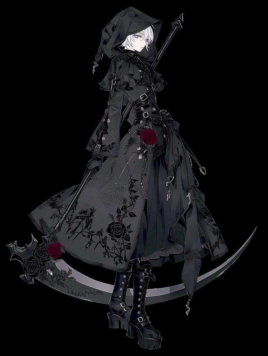 towa_AIillust's tweet photo. 🌹ゴシックパンク死神衣装プロンプト🌹
ハロウィンっぽい衣装考えていて、死神いいかもーと作りました💀
プロンプト
[CONCEPT]
Traditional Grim Reaper silhouette reinterpreted as refined gothic punk fashion.

[SILHOUETTE]
Long fitted black hooded coat, dramatic oversized hood, narrow waist, elongated proportions, asymmetric layered tails, controlled flowing fabric.

[MATERIALS]
Black wool, matte leather, jacquard, subtle velvet textures, luxurious monochrome construction.

[GOTHIC DETAILS]
Black-on-black embroidery, thorn vines, black roses, gothic cathedral tracery, selective embroidery along the hood, shoulders, cuffs, and hem.

[PUNK DETAILS]
Minimal leather harness detailing, narrow waist belts, antique-silver buckles, fine chains, carefully placed metal rings.

[RED ROSE ACCENT]
Deep crimson red roses used sparingly as elegant accent details, small embroidered rose motifs, a single rose ornament, subtle floral decoration against the black outfit.

[HANDS]
Long fitted sleeves, black leather gloves.

[FOOTWEAR]
Tall black platform combat boots, clean leather straps, antique-silver hardware.

[SCYTHE]
Large Grim Reaper scythe, matte-black shaft, long dark gunmetal blade, subtle gothic engraving.

[POSE]
Holding the scythe in a confident, dramatic ready stance.

[MOOD]
Sleek, severe, elegant, rebellious, aristocratic, mysterious, refined.

[COLOR PALETTE]
Jet black, charcoal, dark graphite, gunmetal, antique silver, deep crimson red accents.

[STYLE]
Gothic Punk × Grim Reaper × Dark High Fashion.