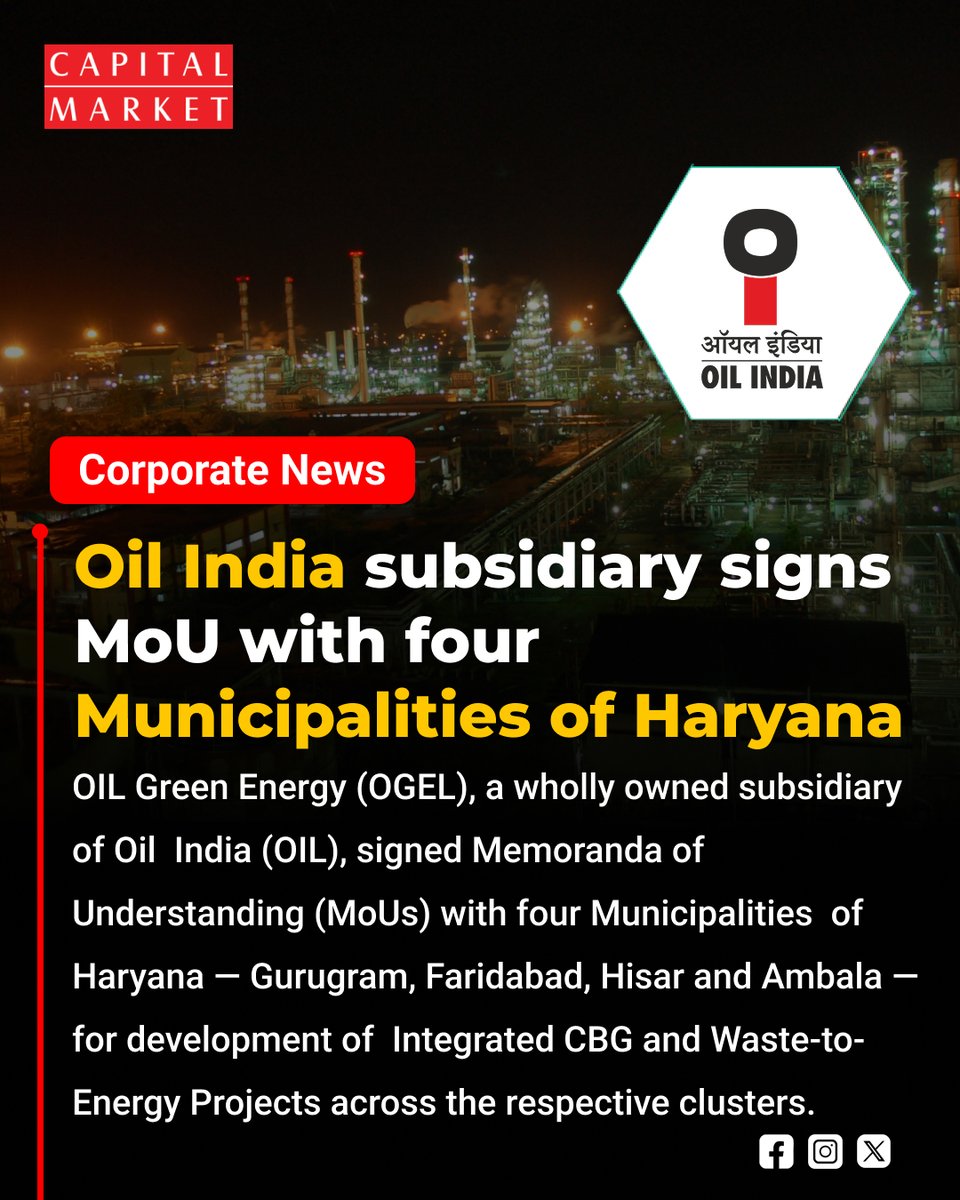 CapitalMarket17's tweet photo. Green Energy Push: Oil India Subsidiary Partners With 4 Haryana Municipalities for Compressed Bio-Gas Plants
https://t.co/1L6mkco6Mu
#OilIndia #GreenEnergy #Haryana #CompressedBioGas #RenewableEnergy #CleanEnergy #BioCBG #MunicipalSolidWaste #SustainableHaryana #CleanIndia https://t.co/OnB3dBtJM6