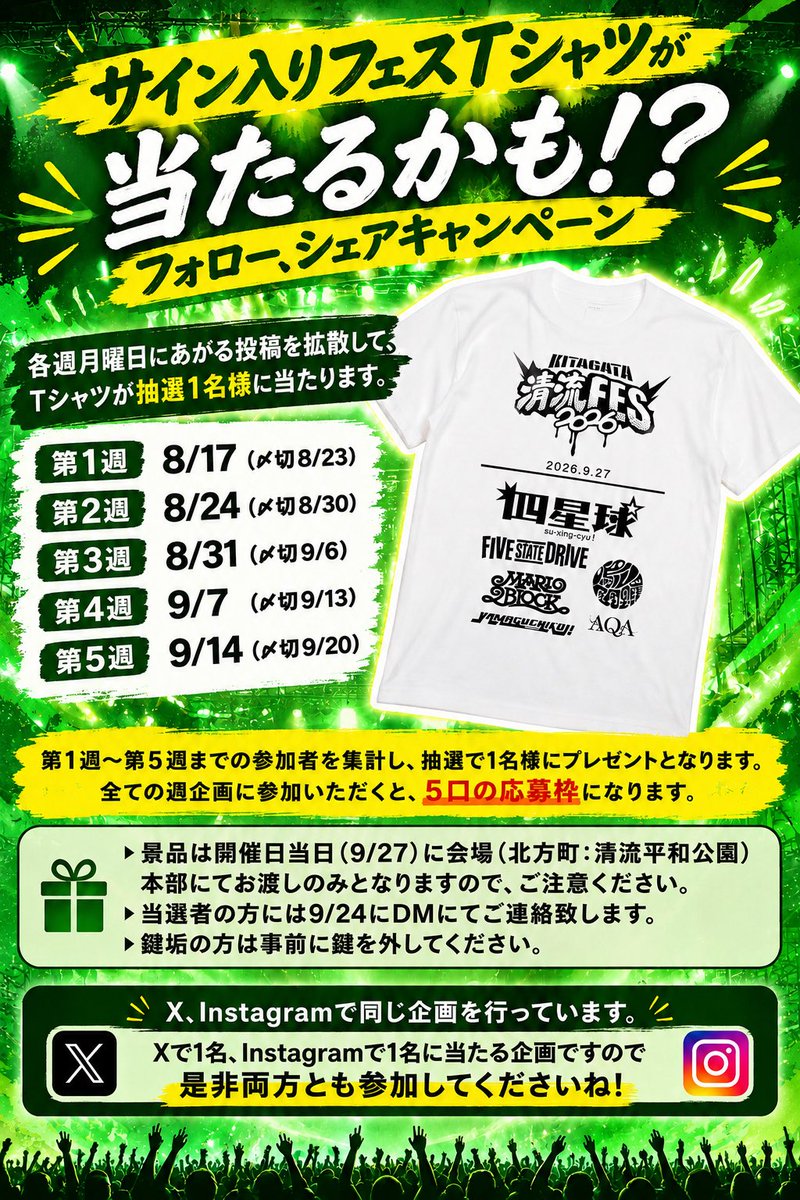 Kitagata_fes's tweet photo. 新企画‼️
【フォロー＆リポストしてサイン入りTシャツが当たる③】

・このアカウントをフォロー
・このポストをリポスト
この2つをした方の中から1名様にフェスオリジナルTシャツに出演アーティスト全員のサインが入ったものをプレゼントします✨️

※その他注意点は画像に記載しております。 https://t.co/j0vx5xWfWL