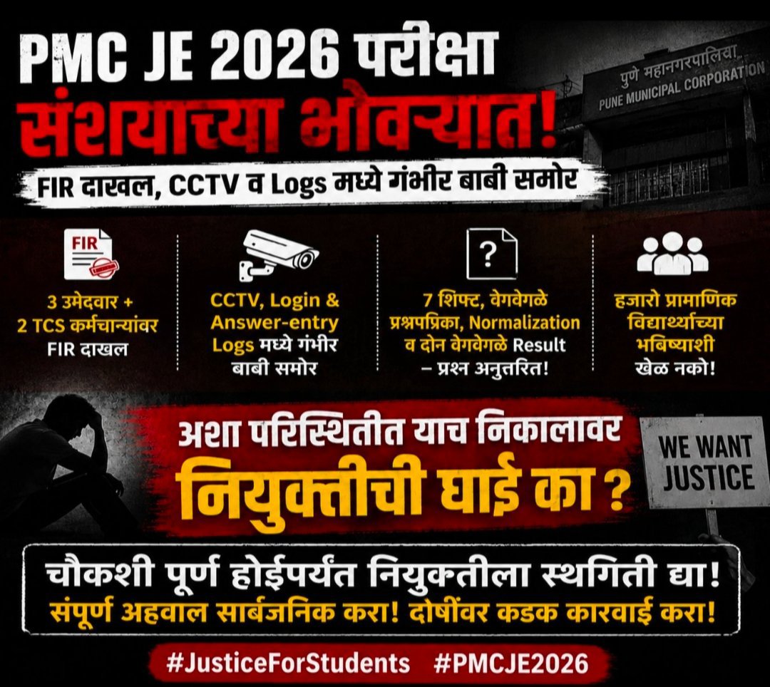 Pradeepsanap777's tweet photo. @RRPSpeaks #PMC_Scam
#ReExam
#ReExam
आम्ही पारदर्शकता, निष्पक्ष चौकशी, उत्तरदायित्व आणि फेरपरीक्षा (जी न्याय्य असेल) यांची मागणी करतो.
PMC JE परीक्षा रद्द करा.
@Dev_Fadnavis
@mieknathshinde
@PMCPune https://t.co/D5AdJG7u9R