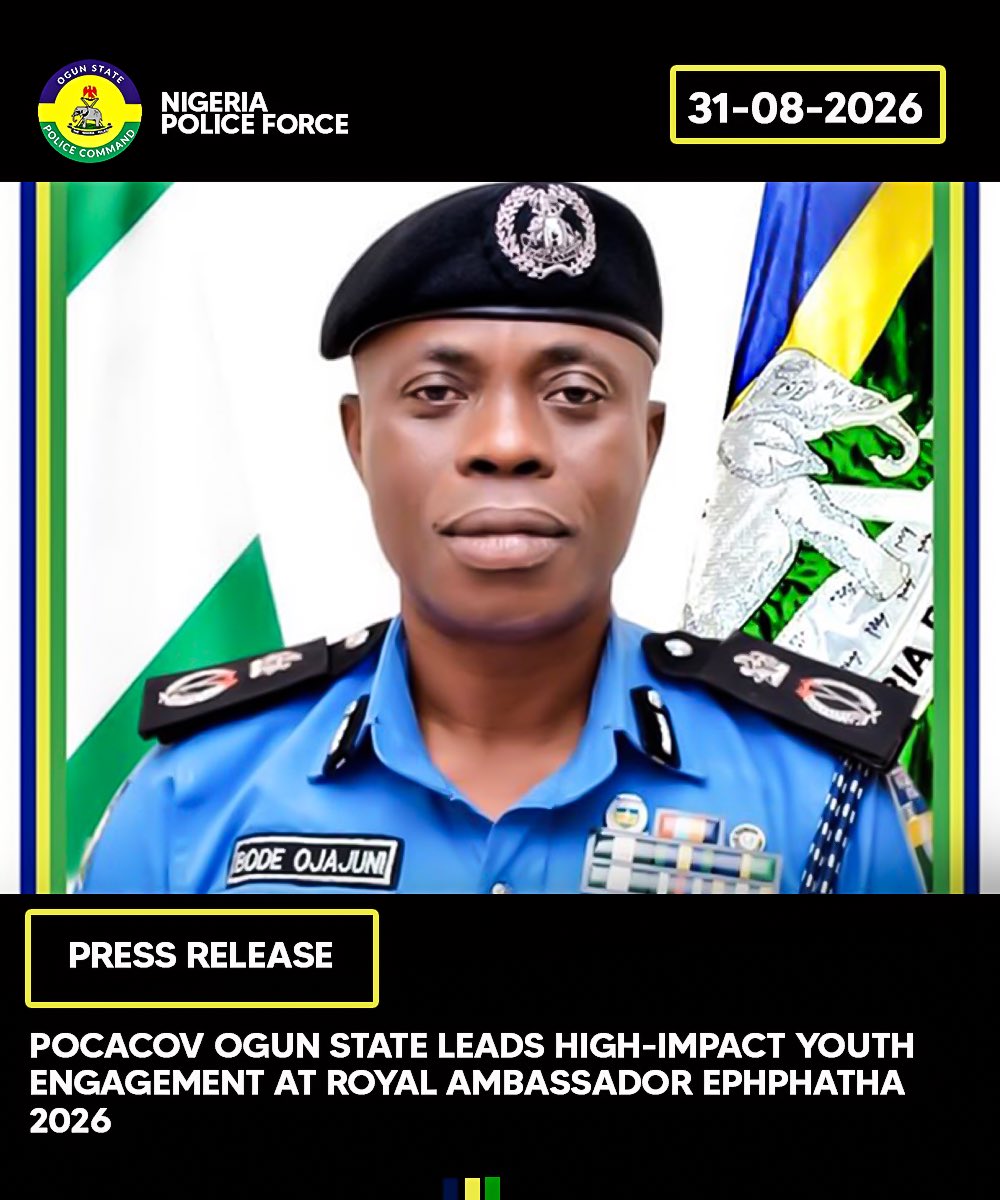 OgunPoliceNG's tweet photo. PRESS RELEASE

POCACOV OGUN STATE LEADS HIGH-IMPACT YOUTH ENGAGEMENT AT ROYAL AMBASSADOR EPHPHATHA 2026

Aligned with the vision of the Inspector General of Police, IGP Olatunji Rilwan Disu, psc(+), NPM, and under the leadership of the Commissioner of Police, Ogun State Command, CP Bode Ojajuni, psc, FCSS, MNIPR, the Ogun State Police Campaign Against Cultism and Other Vices (POCACOV) team, led by State Coordinator ASP Oluborode Opeyemi, conducted a comprehensive youth sensitization program during the Royal Ambassador Ogun Baptist Conference (Ephphatha 2026). The high-impact engagement empowered hundreds of teenagers and young adults with critical knowledge to resist negative social pressures, resulting in a collective pledge by all attendees to reject cultism, drug abuse, cybercrime, and related social vices in favor of positive community leadership.

During the interactive sessions, ASP Oluborode Opeyemi and the POCACOV team highlighted the severe, long-term dangers associated with active involvement in cultism, gang violence, substance abuse, cybercrime and other social vices. The team provided real-world insights into how these illegal activities destroy promising futures, compromise personal safety, and undermine peace within academic institutions and broader society.

The sensitization emphasized proactive values centered on self-discipline, constructive peer influence and personal accountability. POCACOV officers urged the young participants to recognize their role as key stakeholders in building safe environments, demonstrating how strong character choices and early ethical leadership serve as the strongest deterrents against criminal temptation.

The engagement concluded with a unanimous pledge from the participating youth, who committed to upholding high moral standards, resisting illicit temptation, and serving as anti-vice ambassadors within their respective schools and communities. POCACOV Ogun State reaffirmed its dedicated mission to continuous community policing and youth-focused preventative outreach across the state.

ASP OLUBORODE OPEYEMI 
DEPUTY POLICE PUBLIC RELATIONS OFFICER
OGUN STATE COMMAND 
ELEWERAN, ABEOKUTA
31ST, AUGUST, 2026