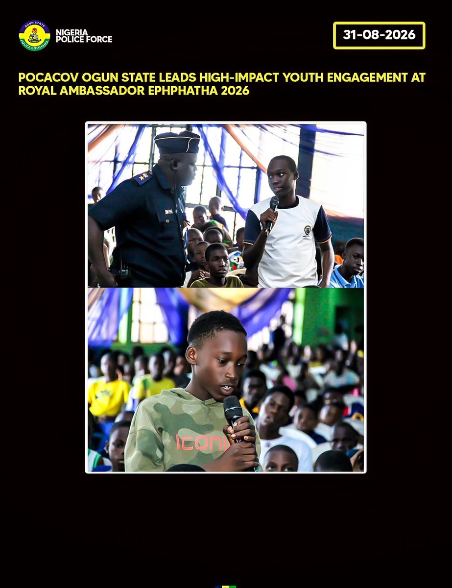 OgunPoliceNG's tweet photo. PRESS RELEASE

POCACOV OGUN STATE LEADS HIGH-IMPACT YOUTH ENGAGEMENT AT ROYAL AMBASSADOR EPHPHATHA 2026

Aligned with the vision of the Inspector General of Police, IGP Olatunji Rilwan Disu, psc(+), NPM, and under the leadership of the Commissioner of Police, Ogun State Command, CP Bode Ojajuni, psc, FCSS, MNIPR, the Ogun State Police Campaign Against Cultism and Other Vices (POCACOV) team, led by State Coordinator ASP Oluborode Opeyemi, conducted a comprehensive youth sensitization program during the Royal Ambassador Ogun Baptist Conference (Ephphatha 2026). The high-impact engagement empowered hundreds of teenagers and young adults with critical knowledge to resist negative social pressures, resulting in a collective pledge by all attendees to reject cultism, drug abuse, cybercrime, and related social vices in favor of positive community leadership.

During the interactive sessions, ASP Oluborode Opeyemi and the POCACOV team highlighted the severe, long-term dangers associated with active involvement in cultism, gang violence, substance abuse, cybercrime and other social vices. The team provided real-world insights into how these illegal activities destroy promising futures, compromise personal safety, and undermine peace within academic institutions and broader society.

The sensitization emphasized proactive values centered on self-discipline, constructive peer influence and personal accountability. POCACOV officers urged the young participants to recognize their role as key stakeholders in building safe environments, demonstrating how strong character choices and early ethical leadership serve as the strongest deterrents against criminal temptation.

The engagement concluded with a unanimous pledge from the participating youth, who committed to upholding high moral standards, resisting illicit temptation, and serving as anti-vice ambassadors within their respective schools and communities. POCACOV Ogun State reaffirmed its dedicated mission to continuous community policing and youth-focused preventative outreach across the state.

ASP OLUBORODE OPEYEMI 
DEPUTY POLICE PUBLIC RELATIONS OFFICER
OGUN STATE COMMAND 
ELEWERAN, ABEOKUTA
31ST, AUGUST, 2026