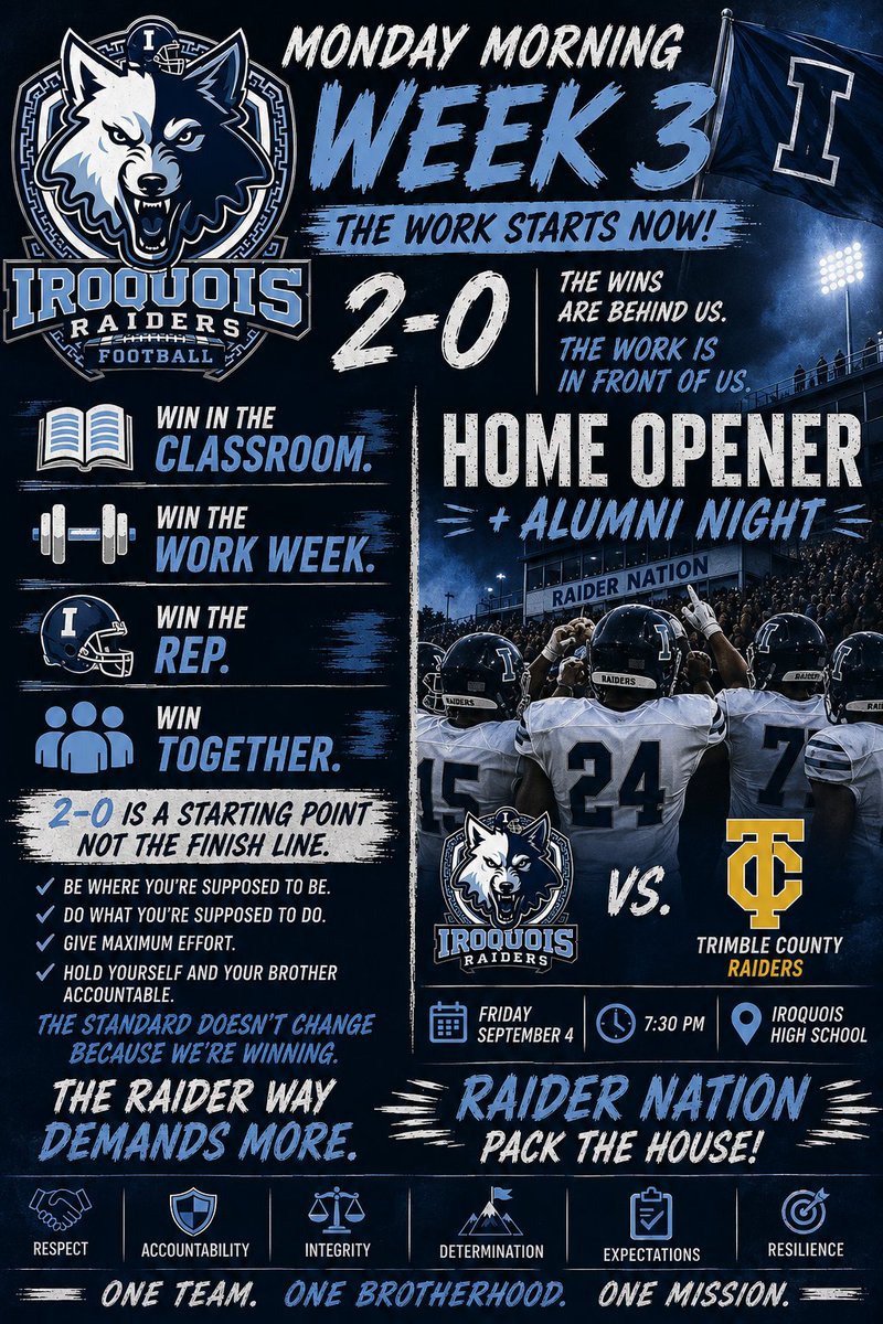 IHSRaidersFB's tweet photo. 🐺🏈 WEEK 3 IS HERE!

2-0 and coming HOME! 🔥

🏠 Home Opener + Alumni Night
🆚 Trimble County
📅 Friday, Sept. 4
🕢 7:30 PM
📍 Iroquois HS

Win the classroom. Win the work week. Earn the next one.

RAIDER NATION — PACK THE HOUSE! 🐺💙

#IroquoisRaiders #TheRaiderWay #Week3 https://t.co/AImzih6jtw