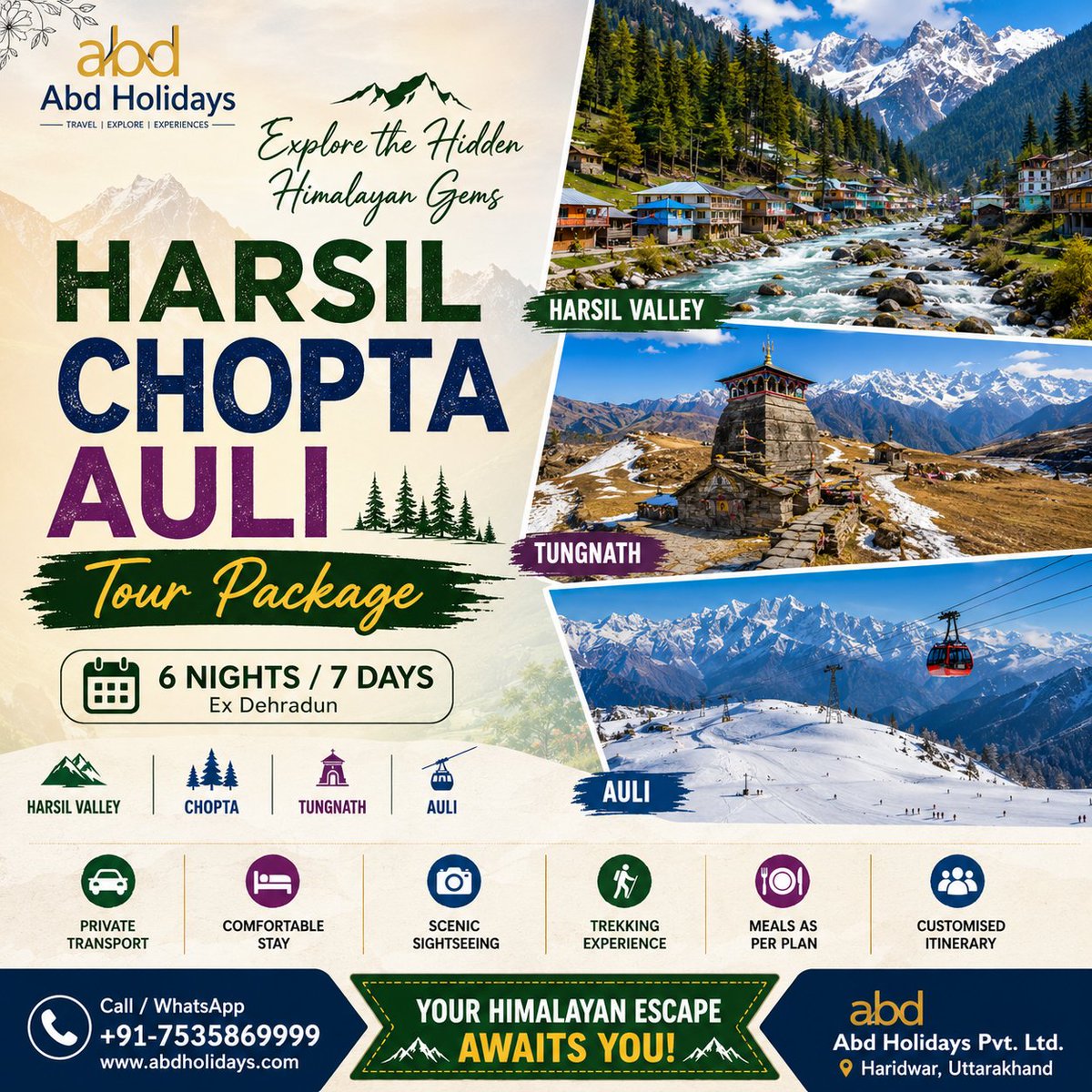 abd_holidays's tweet photo. 🏔️ Planning Harsil, Chopta & Auli in one Uttarakhand trip?

A 6N/7D journey from Dehradun can combine:

📍 Harsil Valley – Bhagirathi Valley
🌲 Chopta – gateway towards Tungnath
🥾 Chandrashila – subject to trail & weather conditions
🏔️ Auli – Himalayan views & seasonal experiences
Ideal for couples, families & private groups with a customised itinerary, private transport and comfortable stays.
Snow, trekking routes & ropeway operations are subject to actual weather and local/operational conditions.
Plan with ABD Holidays Pvt. Ltd., Haridwar, Uttarakhand.

👉 Complete itinerary:
 https://t.co/tu8ywc4khI

📞 +91-7535869999

#Harsil #Chopta #Auli #Uttarakhand #ABDHolidays