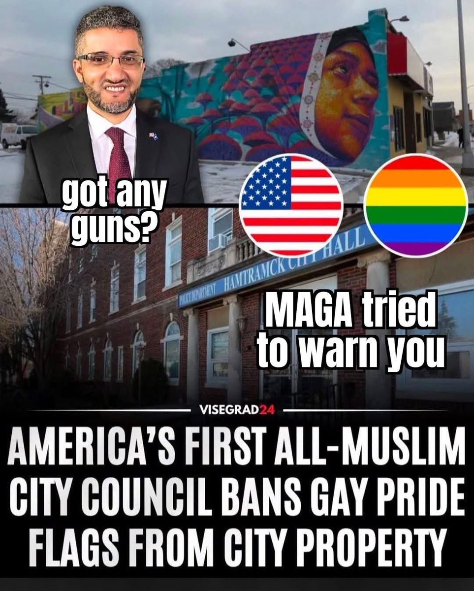 SnowflakeSlayr1's tweet photo. The all Muslim city council in Hamtramck, Michigan, voted unanimously in June 2023 to ban LGBTQ+ pride flags and other identity-based flags from being flown on city-owned public property. 

The Reason: Council members stated that the pride flag conflicted with the religious beliefs of members of their faith and that public property should maintain neutrality rather than endorse specific social or political groups.

Legal Status: Lawsuits challenging the ban on free speech and constitutional grounds were dismissed by a federal district court, and federal appellate courts have upheld the city's authority to restrict displays on government-owned property.