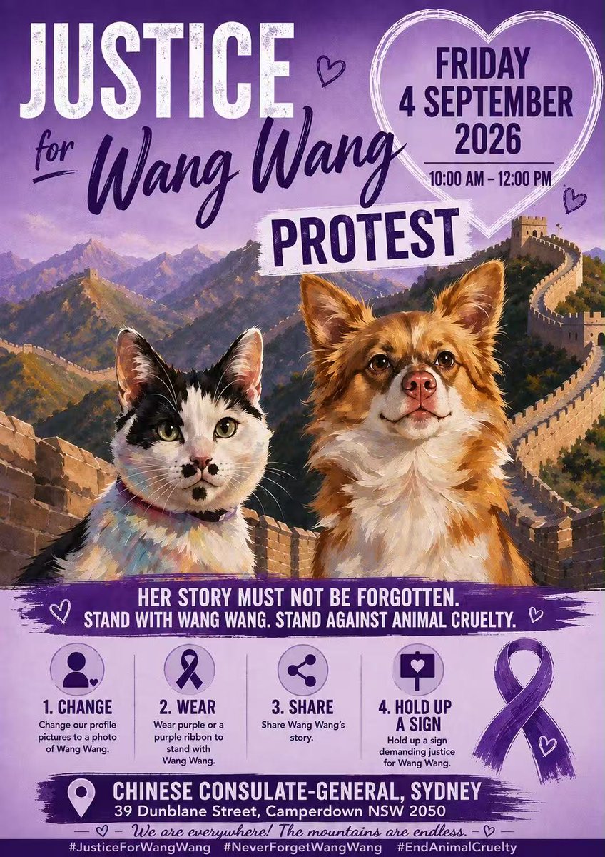 Voice4Wangwang's tweet photo. #Sydney: Two days. Two gatherings. One call for justice. 💜

Friday, 4th Sep | 10 AM–12 PM
📍 Chinese Consulate-General, Camperdown
 Peaceful protest for Wangwang and her puppies

Saturday, 5th Sep | 11 AM–12:30 PM
📍 Next to Sydney Town Hall Steps
 Vigil for Wangwang and all animals lost to cruelty

We keep speaking up for Wangwang. We keep calling for change. And we keep standing for every innocent animal who still needs us.

Come stand with us. 💜

#JusticeForWangwang
#JusticeForWangWangAndHerPuppies
#AnimalCruelty
#AnimalWelfare
#EndAnimalCruelty
#ProtectAnimals