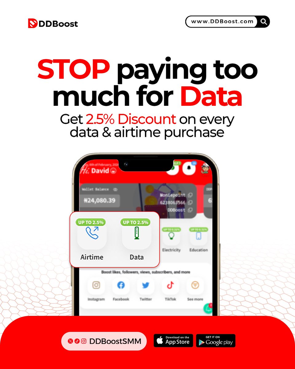 DDBoostSMM's tweet photo. STOP paying too much for data, get 2.5% Discount on every Data & Airtime purchase ๐
Download DDBoost App on Playstore & Appstore โ
#ddboost #airtime #data #cheapdata #cheapairtime https://t.co/MeBny8lPnl