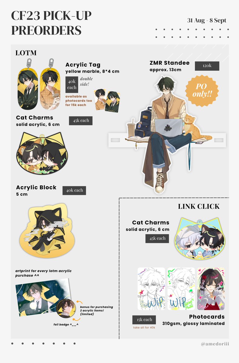 amedoriii's tweet photo. Likes &amp; RTs are appreciated!
 
My #CF23 PO is here! (...will add some items later) &amp; GA info below

📅 31 Aug - 8 Sept
🛒 Pick-Up both days (booth number TBA)

Fandom: OOE , Hashihime , UuultraC , GSGW / GDCG , ORV , LOTM , Link Click

🔗 below 
#comifuro23 #cf23catalogue https://t.co/WgmabvtB4i