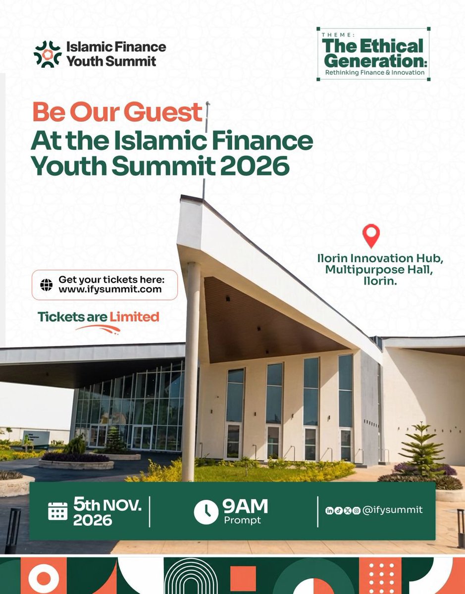 IfySummit's tweet photo. The wait is getting shorter, and the excitement is getting REAL!

Are you ready to rethink Islamic finance?

Then you need to be in the room!

Ilorin Innovation Hub, Multipurpose Hall

5th November 2026
9:00 AM 
Tickets are limited!

Get yours at https://t.co/h45ZtTjRta

#IFYS https://t.co/MYsic2pKzC