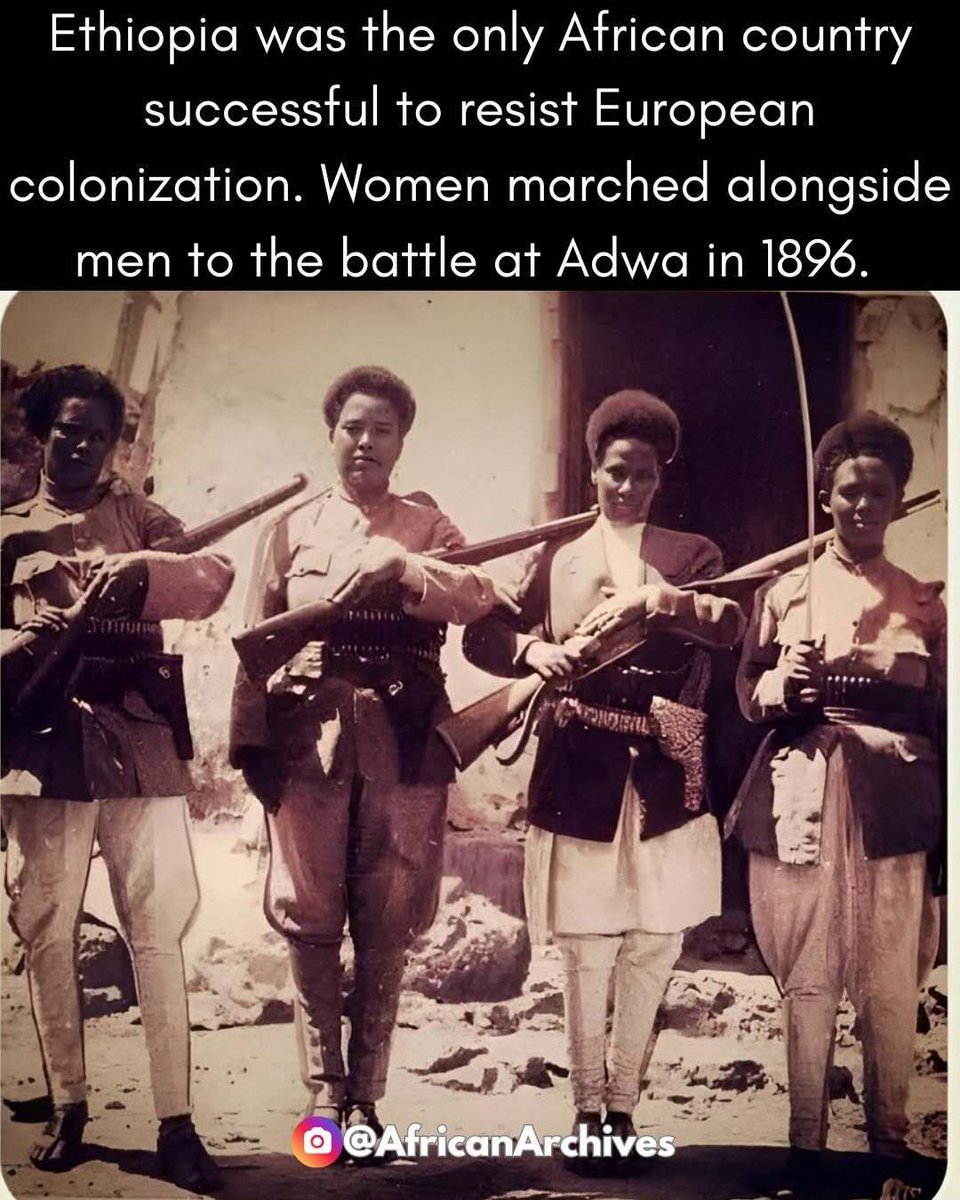 AfricanArchives's tweet photo. Ethiopia was the only African country to successfully resist European colonization, maintaining its sovereignty at a time when nearly the entire continent was falling under foreign rule. This historic resistance reached its defining moment at the Battle of Adwa in 1896, where Ethiopians united across regions, classes, and cultures to defend their homeland against invasion.
Crucially, women marched alongside men to the battlefield. Ethiopian women were not passive observers of history; they were active participants in the struggle for freedom. They carried food, water, and ammunition across difficult terrain, cared for the wounded, relayed messages, and, when necessary, took up arms themselves. Like their male counterparts, they were prepared to sacrifice their lives to prevent colonial forces from infiltrating their country and condemning future generations to foreign domination and servitude.
Their resistance was driven by a clear understanding of what was at stake. Colonization meant the loss of land, autonomy, culture, and dignity. Victory at Adwa ensured that Ethiopian children would grow up free in their own homeland, governed by their own people. The triumph was not only a military success but a powerful declaration of African self-determination that shattered the myth of European invincibility.
The Battle of Adwa became a symbol of hope across Africa and the African diaspora, inspiring future generations to resist oppression and fight for independence. Ethiopia’s victory—and the indispensable role played by its women—stands as a lasting reminder that freedom is defended not by armies alone, but by the collective will of an entire people determined to remain free at all costs. 

If you love our content and would like to support the page, you can buy us a coffee here: https://t.co/K1AhtZuOFs or tap Link in Bio
