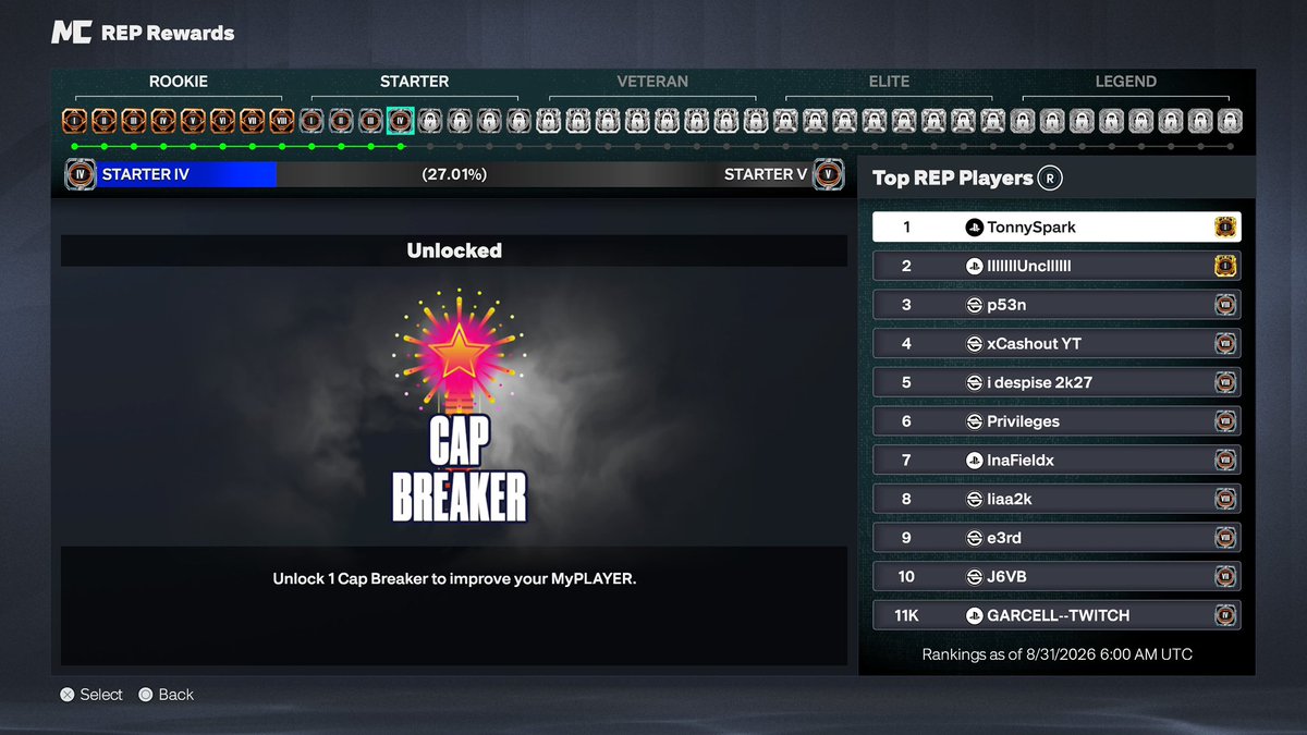 GARCELLx's tweet photo. 🚨NEW PATCH 1.3 ALERT🚨

✨Squads remain together when backing out of matchmaking 

✨Nerfed Shot artist and calibrated takeover abilities 

✨Rep and crew rewards received a dramatic boost - (I went from ROOKIE VI - Starter IV) 

✨Fixed a long hang in rec when dunking 

#NBA2k27 ❤️+♻️ Share it with your homies 🫡

If you didn’t get your cap breakers with the rep boost, you have to play a game online then you will receive them