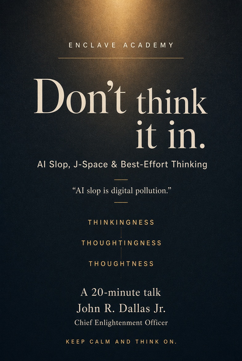 JohnRDallasJr's tweet photo. Don’t think it in—AI slop!

AI slop treatment plants?

#ThinkItIn.

Pausing long enough to think about the quantity and quality of your thinking is “agentic metacognition.”

Metacognition skills training (MST) with @EnclaveAcademy includes “AI slop detection.”

@grok summarizes my threaded posts:

“@JohnRDallasJr proposes ‘AI slop treatment plants’ funded by municipalities to filter digital pollution from data centers, drawing a parallel to water treatment facilities handling bacteria and toxins.

• Dallas quotes his earlier thread framing AI slop as a risk to what he calls ‘fissionable AI’ and human minds, citing Anthropic’s July 2026 discovery of ‘J-space’ as an internal AI processing layer akin to his coining of human metacognition stages of thinkingness, thoughtingness, and thoughtness.

• As @EnclaveAcademy CEO and metacognition skills training (MST) advocate, Dallas calls for deliberate higher-order thorough thinking (HOTT) to counter AI exploitation by bad actors while referencing a Grok summary of his own novel arguments.” —Grok

Pause. Breathe.

#ThinkToThink™ it through.

Hard thinking isn’t easy.™

Sloppy thinking about AI slop is dangerous.

Come to think of it.™

https://t.co/QCKnzQOTpn