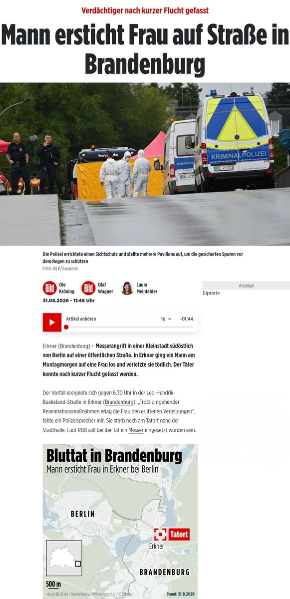 EyeOfGermany's tweet photo. 🇩🇪Erkner, Brandenburg. Heute früh um 6.30 Uhr.

Auf offener Straße, Leo-Hendrik-Baekeland-Straße, direkt an der Stadthalle. Ein Mann geht auf eine Frau los. Messer. Sie stirbt noch am Tatort, trotz Reanimation.

Der Täter rennt über die Brücke. Zeugen versuchen ihn zu stoppen, einer rammt mit dem Auto sogar das Geländer durch. Kurz danach ist er fest. Alter der Frau: unbekannt. Beziehung zum Täter: unbekannt. Herkunft: unbekannt. Wieder mal.

Ein Steinwurf entfernt liegt Gosen-Neu Zittau. Vor ein paar Tagen eine Schule. Ein Mädchen tot. Ein Mann tot, weil er dazwischengegangen ist. Heute eine Frau auf dem Gehweg.

#Erkner #Brandenburg #Messer #Gewalt