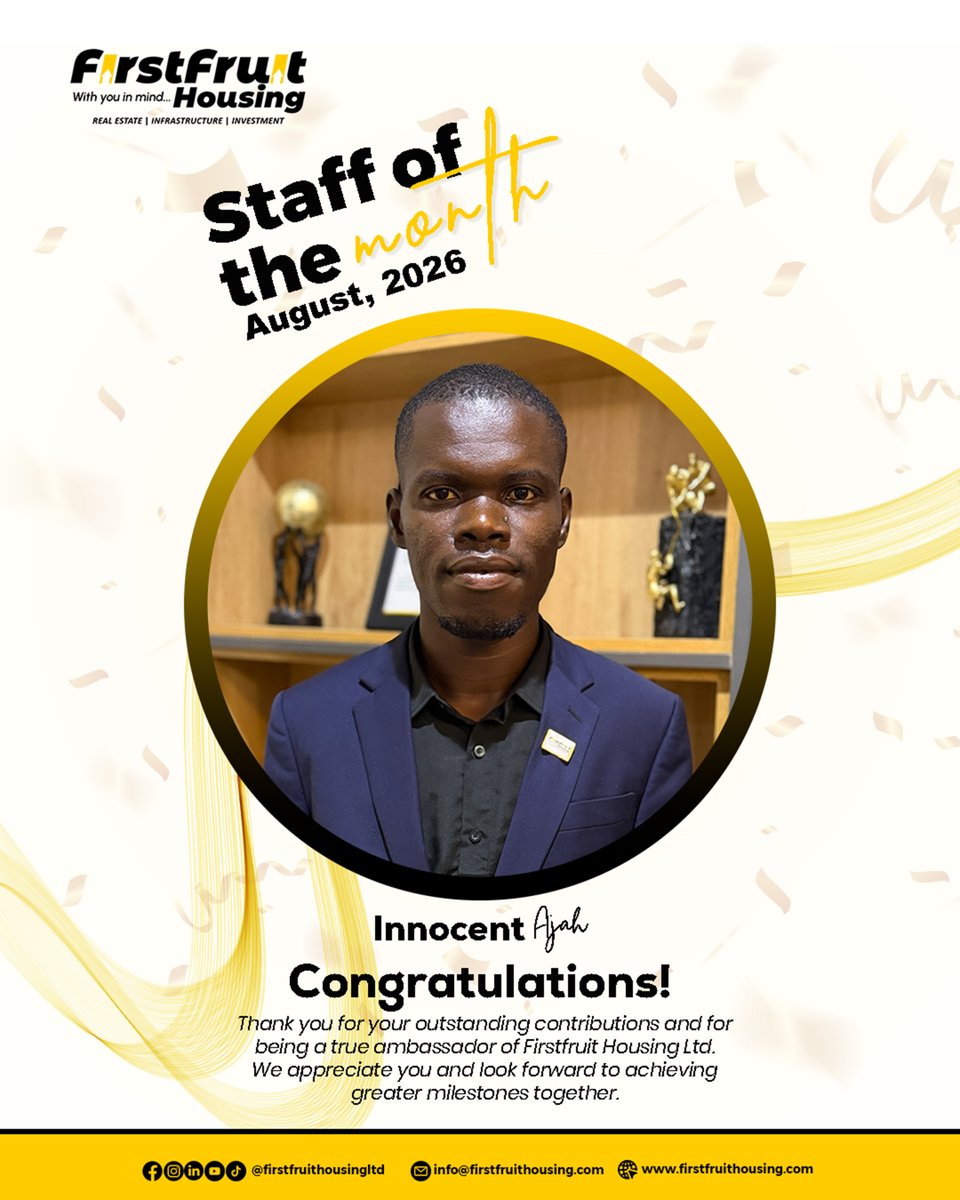 Firstfruitltd's tweet photo. Celebrating excellence, dedication, and impact!
Congratulations to Innocent Ayah, our Staff of the Month for August 2026.
Thank you for giving your best and being a true ambassador of our values. Hereβs to greater achievements and many more milestones ahead!
#StaffOfTheMonth https://t.co/ob5lkc9OrA