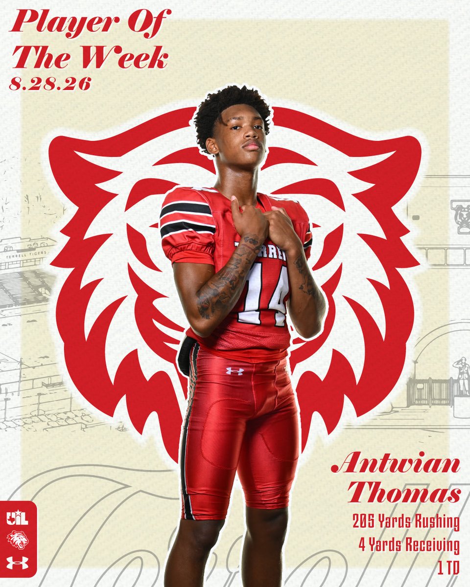 TerrellTigerFB's tweet photo. 🔥 Varsity Player of the Week vs Arlington Seguin 🔥 

🐾 Varsity: Antwian “Deuce” Thomas
@D1luhduece_ 

#RTT 
#TigerTOUGH🐅 
#ba🐅 
#TTP https://t.co/B4rOAVdugu
