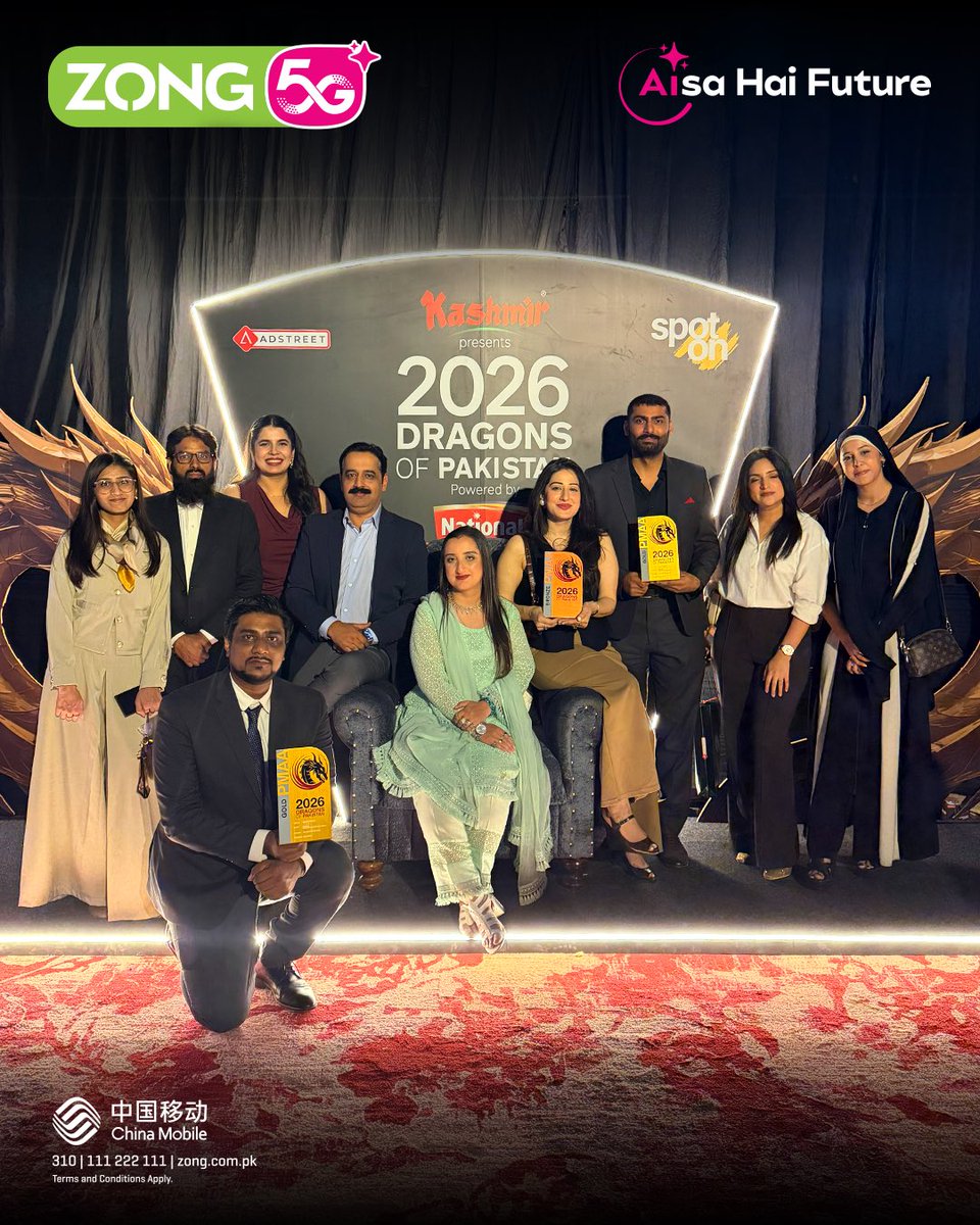 Zongers's tweet photo. 5 Dragons. One incredible win. 🐉🏆
Zong celebrates its success at the Dragons of Asia 2026, recognising the creative excellence, dedication, and ideas that continue to set new benchmarks.
#Zong5G #AisaHaiFuture #DragonsOfPakistan #DragonsOfAsia #5BigWins https://t.co/f6WKANvenC