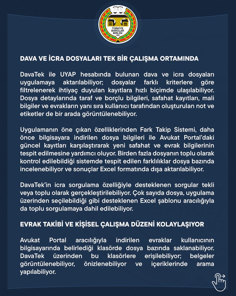barolar's tweet photo. TBB’den Avukatların Mesleki Çalışmalarına Yeni Dijital Destek: DavaTek 1 Eylül’de Kullanıma Açılıyor https://t.co/DmkZDpIBwV