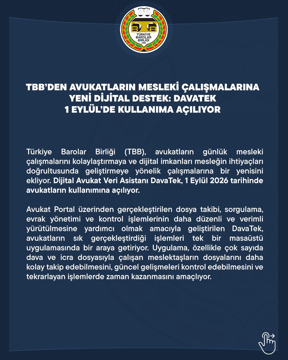 barolar's tweet photo. TBB’den Avukatların Mesleki Çalışmalarına Yeni Dijital Destek: DavaTek 1 Eylül’de Kullanıma Açılıyor https://t.co/DmkZDpIBwV