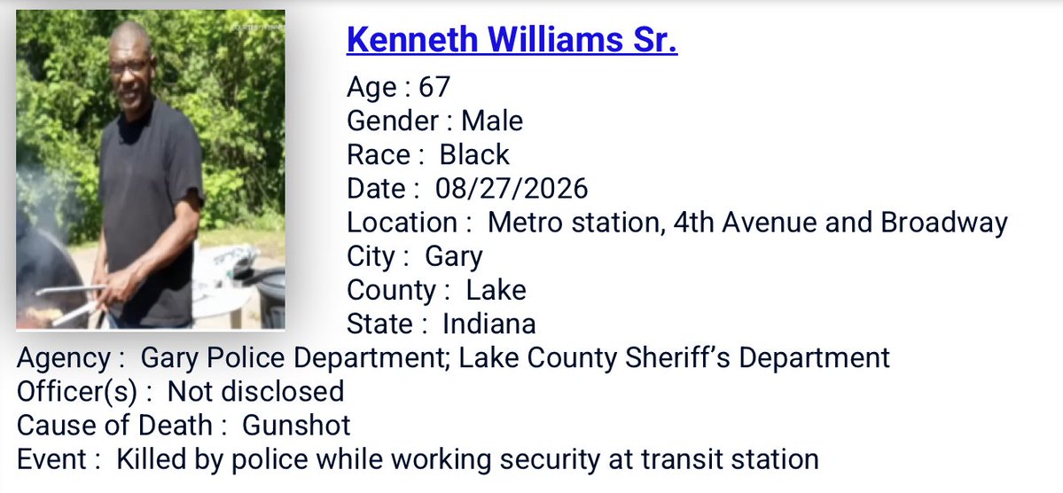 IncarcerNation's tweet photo. Strange story coming out of Gary, IN. Kenneth Williams was a security guard on duty at the Metro station when 9 different cops from Gary PD and the Lake County Sheriff's Office opened fire on him, killing him. This is day 4 and police have not explained to the family or public what happened.
https://t.co/MWVNyKQg6d