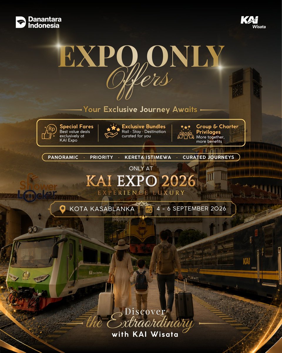 kaiwisata's tweet photo. ✨ YOUR EXTRAORDINARY JOURNEY AWAITS! ✨

Temukan penawaran istimewa dan privilege eksklusif dari KAI Wisata hanya di KAI Expo 2026!

📍 Kota Kasablanka
📅 4–6 September 2026

Claim your offer now! 🚆✨

#KAIExpo2026 #KAIWisata https://t.co/KeHsY2xtv8