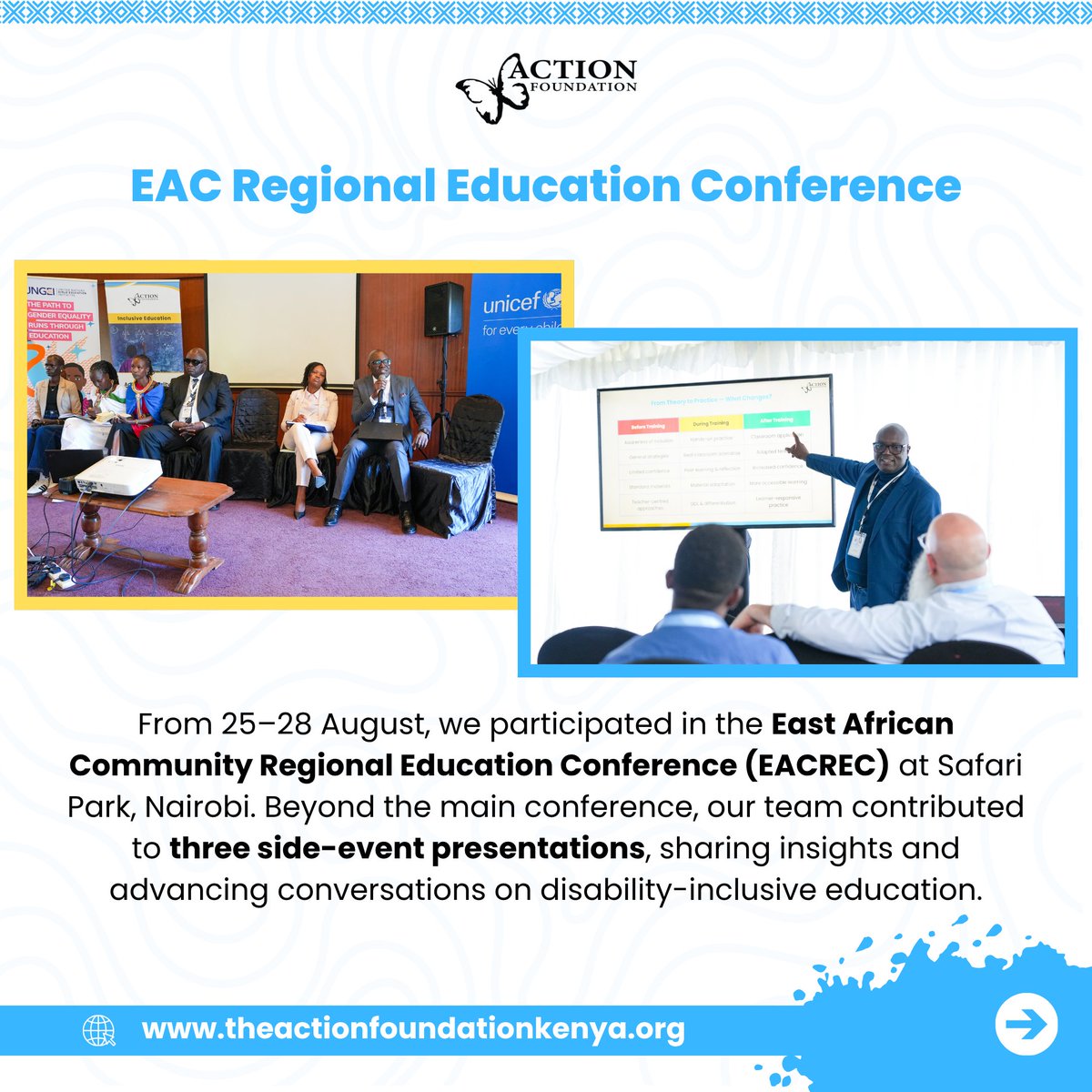 TheActionKenya's tweet photo. A week of advancing inclusion, strengthening partnerships and creating opportunities. Here’s our weekly wrap-up.

From regional education conversations to community-level engagement and caregiver empowerment, we continued turning ideas, partnerships and knowledge into action.

This week, we:

• Advanced inclusive education at EACREC 2026, contributing to the main conference and three side-event presentations focused on disability-inclusive education.

• Supported the validation of the ICAN Inclusive Assessment Project, working alongside partners to make foundational numeracy assessments more accessible and inclusive for children with visual and hearing impairments.

• Engaged the Gatanga Sub-County team in Murang’a, introducing the Disability Prevention & Rehabilitation Programme (DPRP) and Disability-Inclusive Early Childhood Development (DIECD) as we work to strengthen inclusive services at the community level.

• Empowered caregivers through CARE (Caregiver Awareness, Resource and Empowerment), with hands-on training in crocheting, tailoring and soap making, equipping participants with practical, income-generating skills that support greater independence and economic resilience.

Step by step, we are strengthening systems, building capacities and creating opportunities where every child, young person with disabilities and caregiver can thrive.

Image Description:
A carousel highlighting key activities and engagements carried out by The Action Foundation during the week of 24–30 August 2026. Swipe through to explore the week’s highlights.

@ReliAfrica @EduMinKenya @palnetworkHQ 
#DisabilityInclusion #InclusiveEducation #EconomicEmpowerment