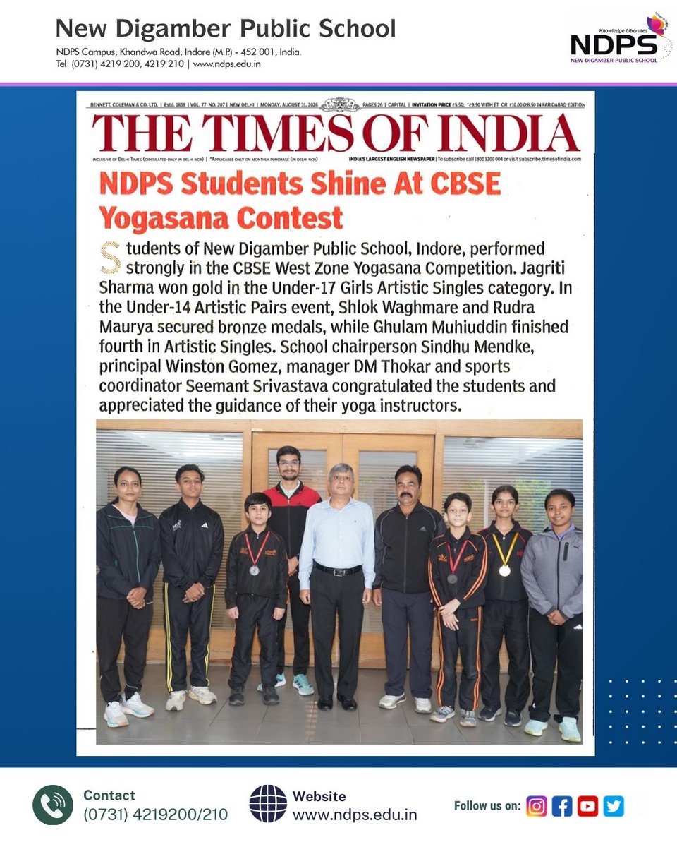 NewDigamber's tweet photo. NDPS shines at the CBSE West Zone Yogasana Championship 2026! Jagrati Sharma won Gold in U-17 Artistic Single. Shlok Waghmare &amp; Rudra Maurya secured Bronze in U-14 Artistic Pair. Congratulations to the achievers and coaches! https://t.co/Tzzs7BxDuK