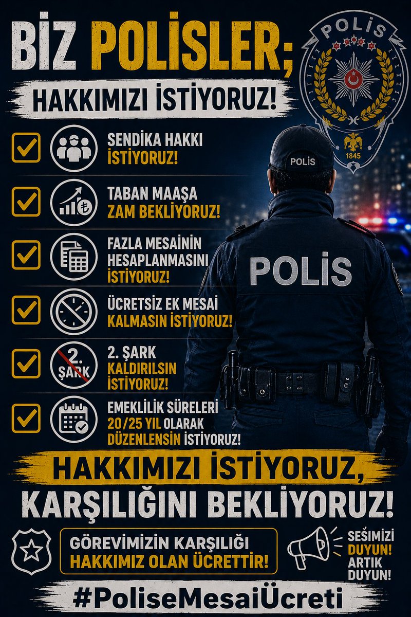 Birpls1's tweet photo. Ek görevler hariç ayda 240 saat geceli gündüzlü mesai yaptık fazla çalışmanın karşılığını almadık. Öğretmenler sağlıkçılar imamlara veriliyorsa biz polisler de eşimizden çocuğumuzdan ömrümüzden harcadığımız zamanın karşılığını istiyoruz!

#PoliseMesaiÜcreti https://t.co/bjlTZHzI19