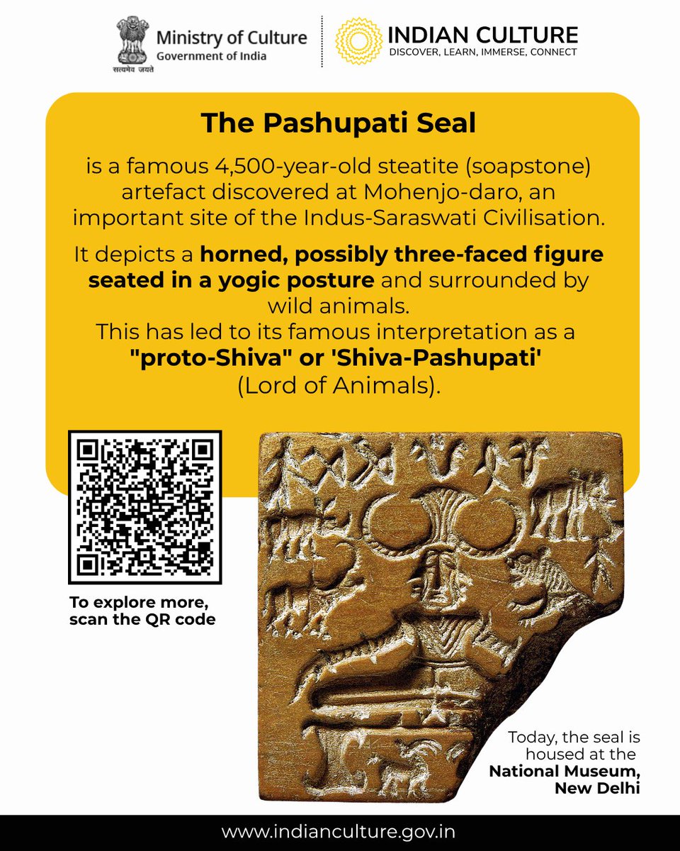 _IndianCulture's tweet photo. A seal that still holds a mystery from the #IndusSaraswatiCivilisation
The #Pashupati Seal from Mohenjo-daro is one of the most iconic #artefacts of the Indus Valley Civilisation. Its mysterious horned figure, surrounded by animals, has fascinated #historians and #archaeologists for generations.
Explore more by visiting https://t.co/z3KeKDb8ie
Follow @_IndianCulture for more!
#IndianCulturePortal #MinistryOfCulture #PashupatiSeal #IndusValleyCivilisation #MohenjoDaro #HarappanCivilisation #AncientIndia #Heritage #Archaeology #history #HistoryOfIndia #AncientHistory #HarappanCivilization #ASI #ArchaeologicalSurveyofIndia
@MinOfCultureGoI @AmritMahotsav @incredibleindia
@PIBCulture @ASIGoI