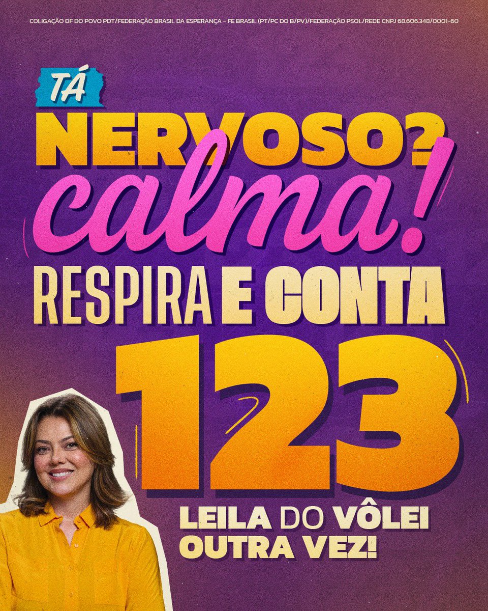 leiladovolei's tweet photo. Tá com aquele friozinho na barriga na hora de votar? Calma. 😌
Respira fundo e conta com a gente: 1, 2, 3... Leila do Vôlei outra vez!
Simples assim, e vai com o número certo na cabeça. 123.😬
Leila do Vôlei 123 💜💛
#leiladovolei #leila123 #DF #timeleila https://t.co/dICHS7qIsj
