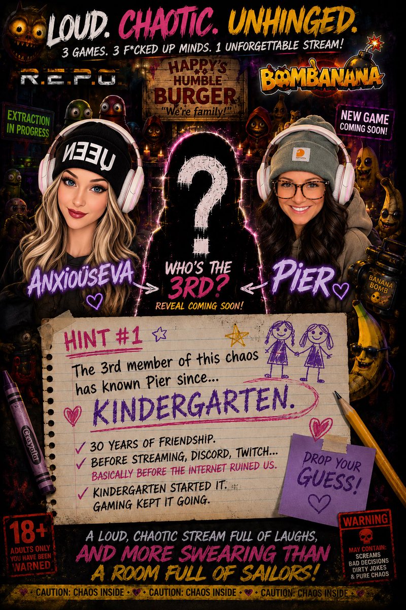 HeadtothePier's tweet photo. HINT #1 👀

The mysterious 3rd member of our collab has known me since KINDERGARTEN.

30 YEARS of friendship. 💀

And now we’re putting that friendship to the ultimate test: gaming together on the internet.

WHO IS IT?
Wrong answers encouraged. 😂👇

#StreamerCollab #Gaming https://t.co/6mc8ln8vbk