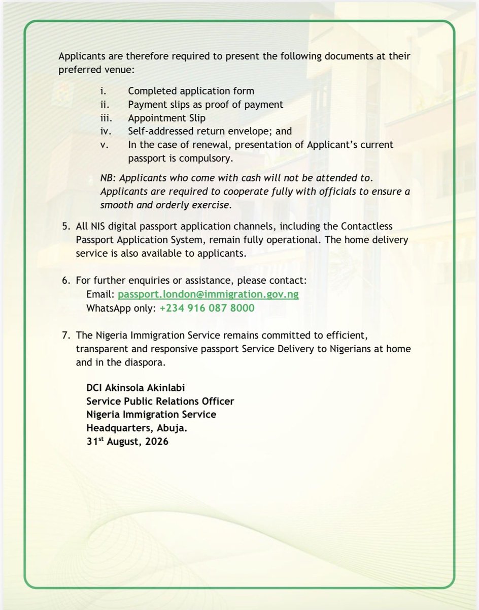 nigimmigration's tweet photo. PUBLIC ANNOUNCEMENT

Sequel to the earlier announcement on the deployment of a Passport
Intervention Team from the Nigeria Immigration Service Headquarters, Abuja, to the United Kingdom, on the directives of the Honourable Minister of Interior, Dr. Olubunmi Tunji-Ojo, the Service hereby informs the public that:

2. Following due consultation with the High Commission of Nigeria and
representatives of Nigerian communities in the UK, the provisional locations,
venues and dates for the intervention exercise are as indicated below.