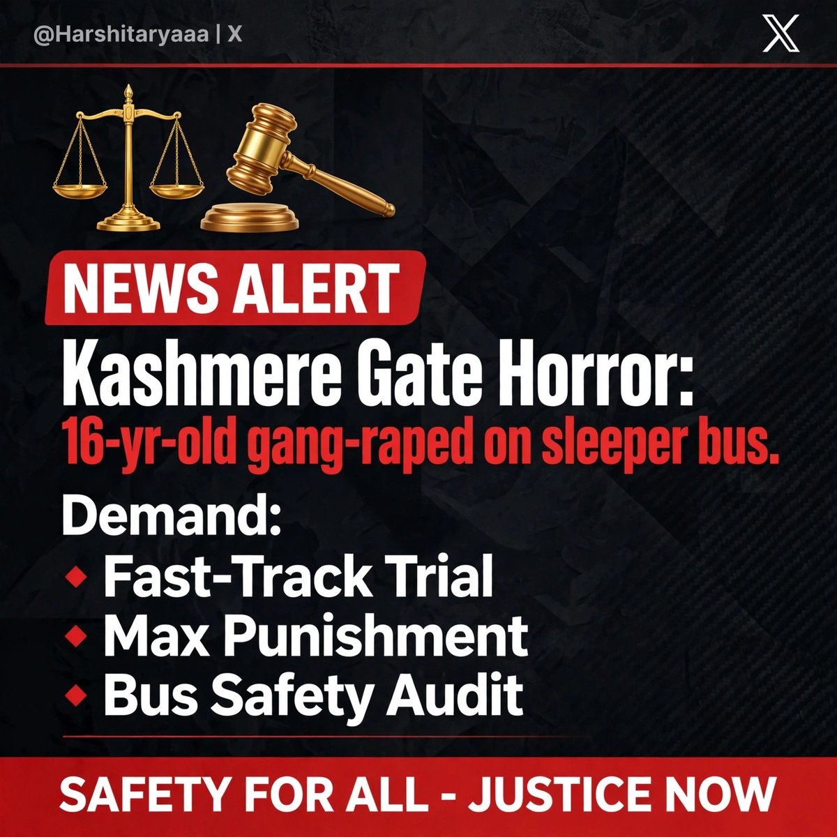 Harshitaryaaa's tweet photo. Kashmere Gate Horror - 16yr girl raped on sleeper bus.

Driver Kuldeep &amp; conductor Sandeep arrested.

Demand: Fast-track trial, max punishment and audit of all sleeper buses in Delhi.

#Justice https://t.co/wUkJtU6ny7