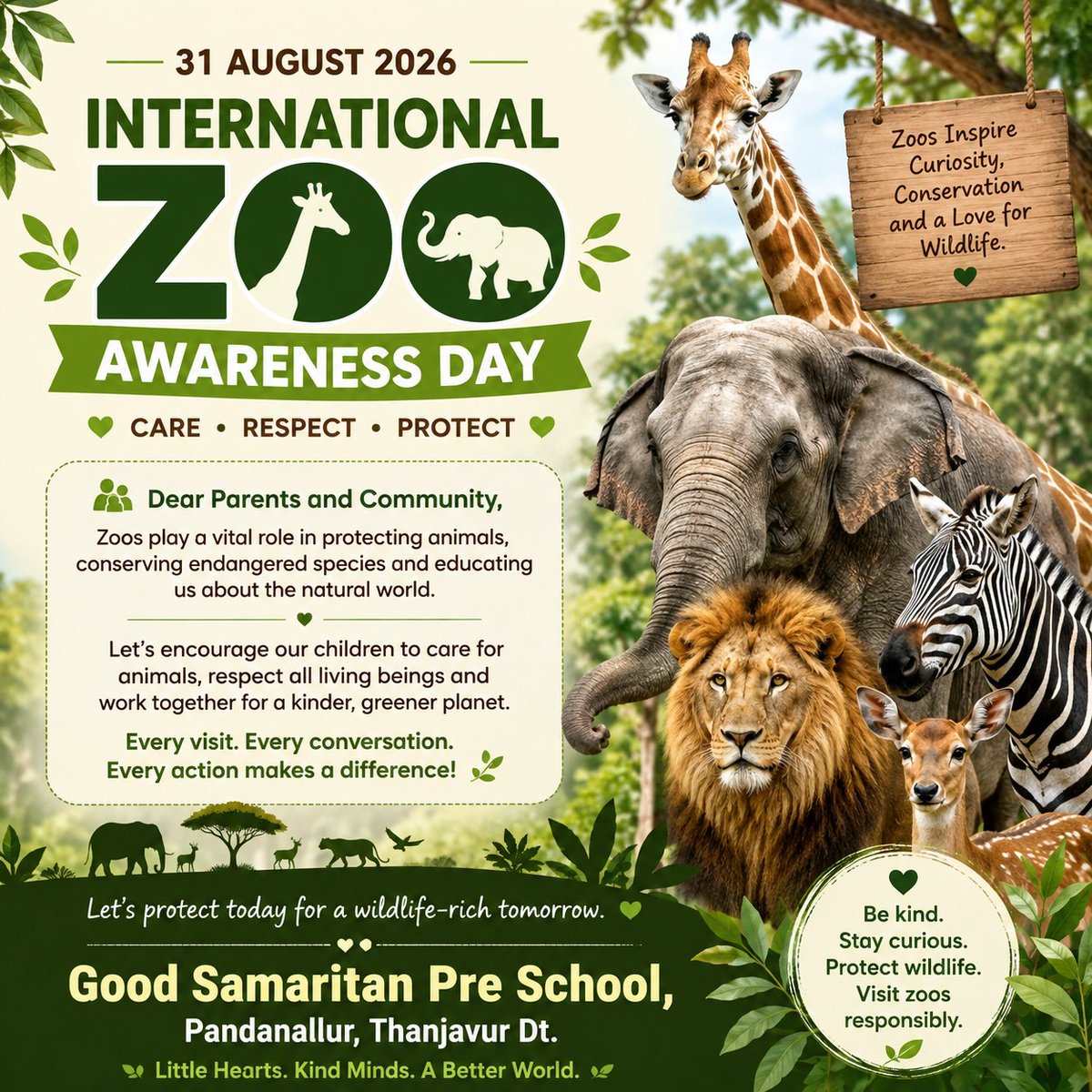 GSpsPandanallur's tweet photo. 🦁🌿 INTERNATIONAL ZOO AWARENESS DAY | 31 AUGUST 2026 🐘🦒

“When children learn to love animals, they learn to love the world.” 🌍❤️

Good Samaritan Pre School, 
Pandanallur, Thanjavur District.
Ph.: +919790102900, +919791102900.

Admissions Open for 2026-27...
Enroll Now... https://t.co/y3NdR5tqSF