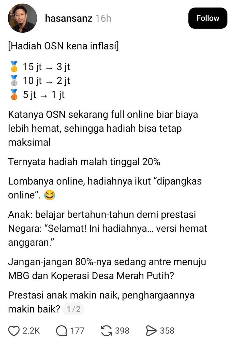 kysanagisa's tweet photo. rame tentang hadiah OSN yg kena inflasi dari tahun ke tahun bikin setuju banget sama tulisan kak iman ini🥹
bukan tentang nominal tapi lebih ke apresiasinya
miris mendapati fakta baru kayak gini tuh jadi makin yakin kalo pendidikan buat anak bangsa tuh memang jadi nomer sekian sekarang🥲