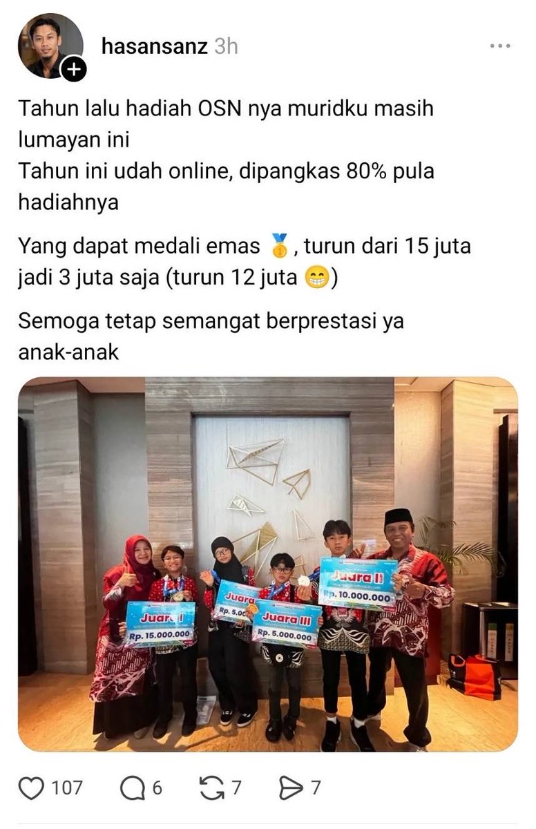 kysanagisa's tweet photo. rame tentang hadiah OSN yg kena inflasi dari tahun ke tahun bikin setuju banget sama tulisan kak iman ini🥹
bukan tentang nominal tapi lebih ke apresiasinya
miris mendapati fakta baru kayak gini tuh jadi makin yakin kalo pendidikan buat anak bangsa tuh memang jadi nomer sekian sekarang🥲