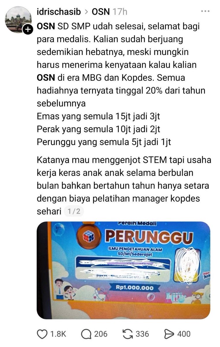 kysanagisa's tweet photo. rame tentang hadiah OSN yg kena inflasi dari tahun ke tahun bikin setuju banget sama tulisan kak iman ini🥹
bukan tentang nominal tapi lebih ke apresiasinya
miris mendapati fakta baru kayak gini tuh jadi makin yakin kalo pendidikan buat anak bangsa tuh memang jadi nomer sekian sekarang🥲