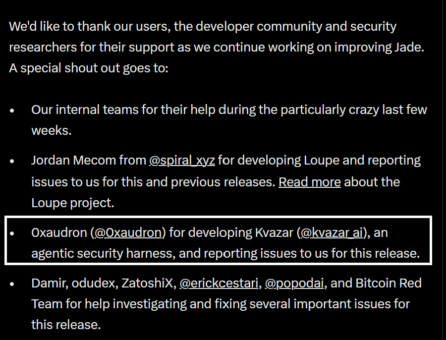 kvazar_ai's tweet photo. 🚨 JUST IN: Kvazar discovered security issues in one of Bitcoin’s most important wallet firmware.

Kvazar contributed security research to Blockstream Jade, with reported issues fixed in Jade firmware 1.0.41.

We’re continuing to work with @Blockstream across multiple projects https://t.co/2MOQohB4Bb