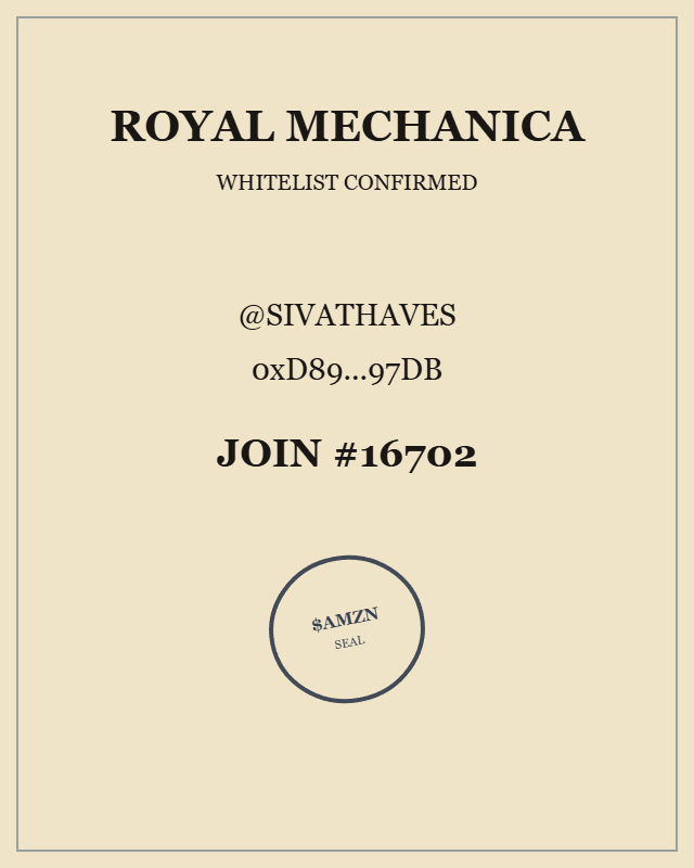 SivaThaves's tweet photo. Just joined the Royal Mechanica whitelist.
Join #16702
@RoyalMechanica https://t.co/kN8set4XVB