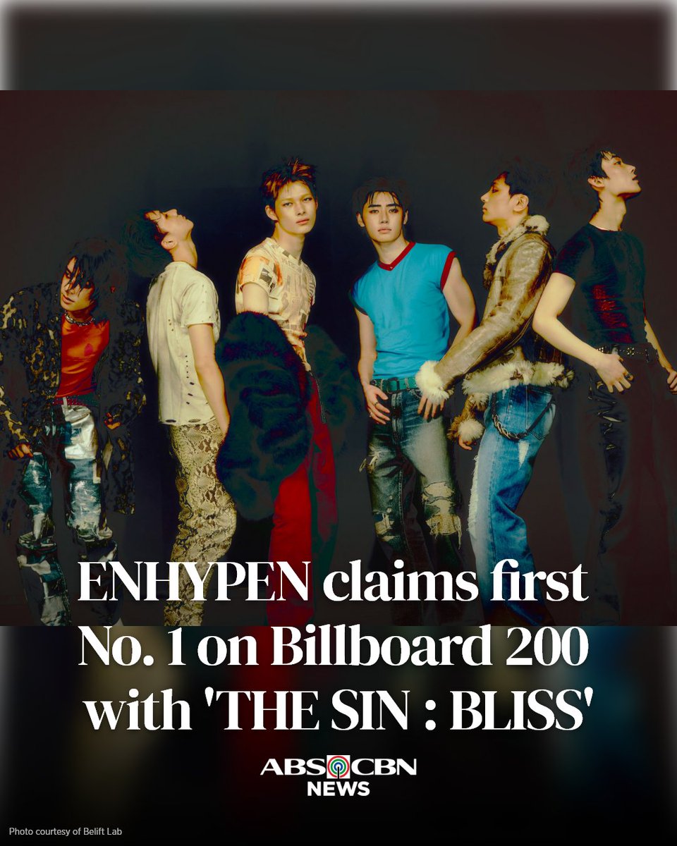 ABSCBNNews's tweet photo. ENGENEs, we did it! 😭🖤
 
South Korean boy band ENHYPEN officially claims their very first No. 1 on the Billboard 200 with their newest extended play (EP) "THE SIN : BLISS." https://t.co/rwzSpk9xB2
