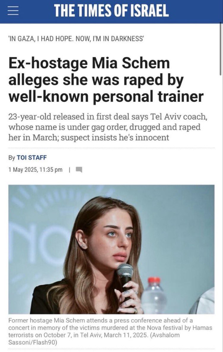SZade15's tweet photo. Mia Schem survived almost 2 months in Gaza terrified she’d be raped.

Her fear became her reality: She was drugged and raped. In Israel. By an Israeli trainer.

A year later the case is closed and charges are dropped. https://t.co/t2FR2ufrfm