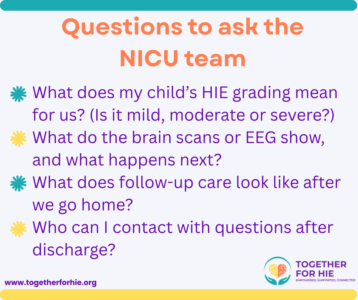 T4HIE's tweet photo. Navigating a NICU stay after a Hypoxic-Ischemic Encephalopathy (HIE) diagnosis can feel completely overwhelming. Swipe to learn more on what you can ask the NICU care team as you advocate for your child.

#NICUAwareness #NICU #NICUJourney #HIE #TogetherForHIE #HIEAwareness https://t.co/lb2PhbA2nu