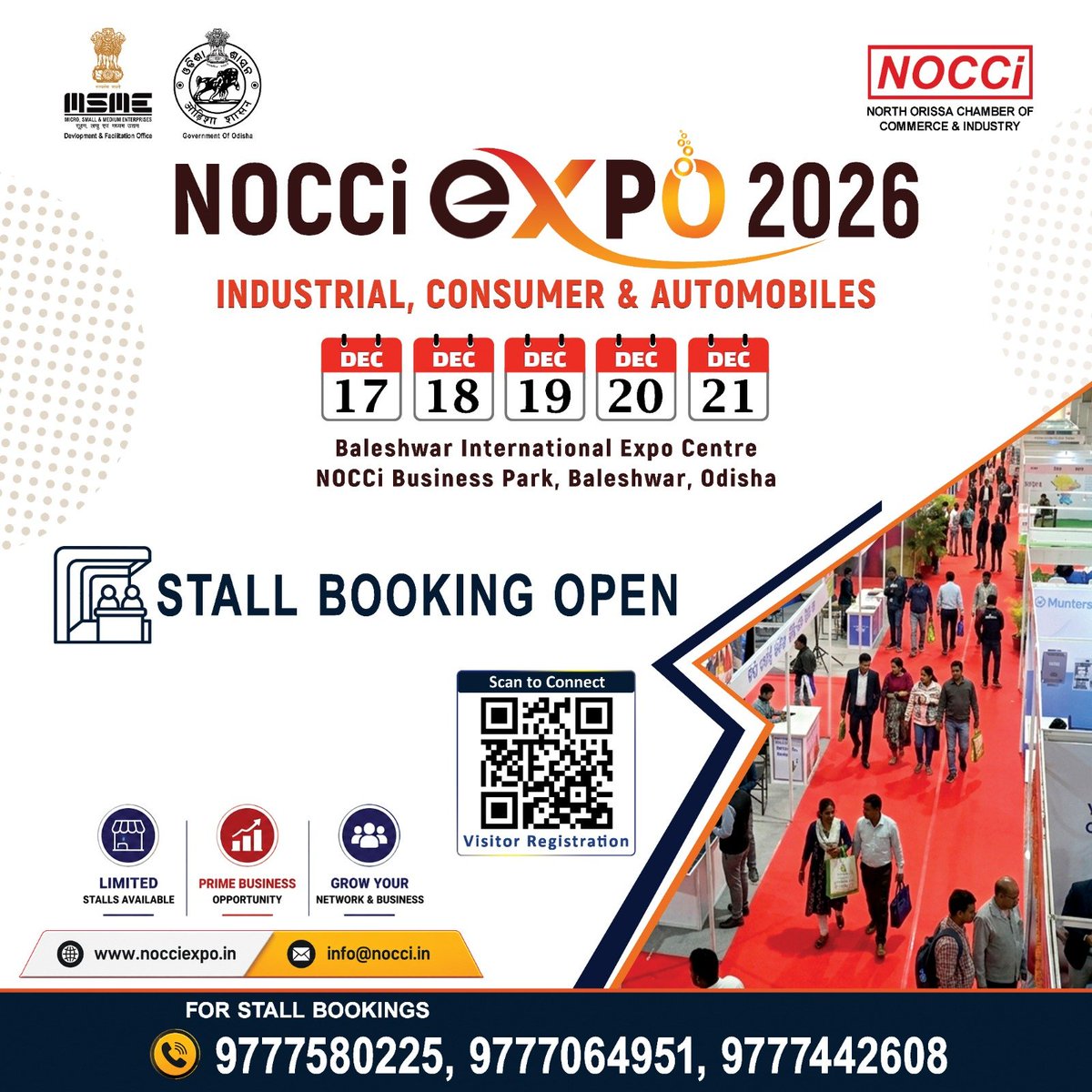 NOCCiBalasore's tweet photo. 🚀 NOCCi EXPO 2026 is Coming!
Explore. Connect. Grow.

🏭 Industrial | 🛍️ Consumer | 🚗 Automobiles
📅 17–21 December 2026 | 📍 @NocciBizPark

Stall Bookings Now Open!

#NOCCiEXPO2026 #StallBooking #BusinessOpportunity #Expo2026 #GrowYourBusiness https://t.co/18d7n4T5vp