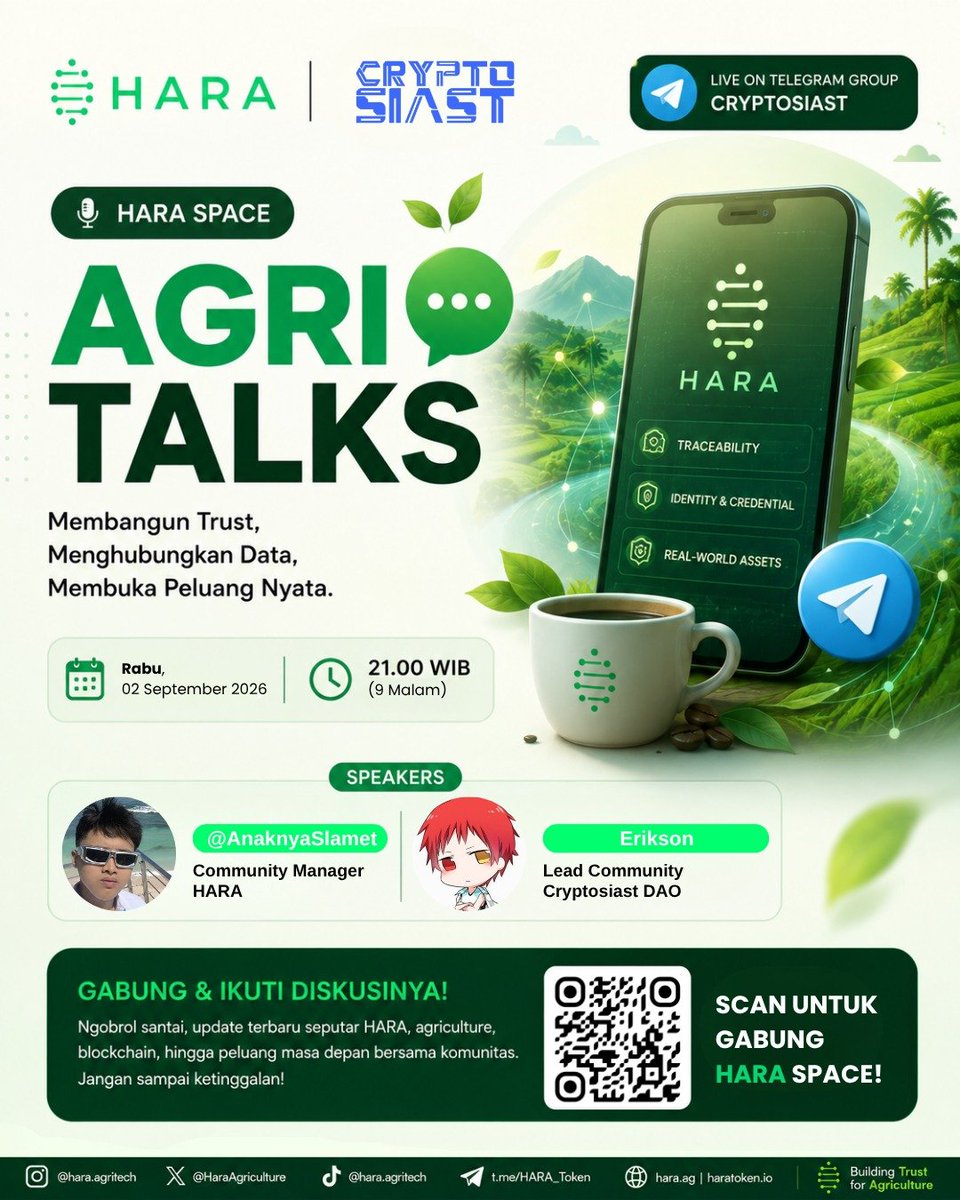 HARA_AgriTech's tweet photo. ☕ HARA SPACE: AGRI TALKS 🌾 Building Trust. Connecting Data. Unlocking Real Opportunities.

HARA teams up with @cryptosiastdao for a casual talk on agriculture, blockchain, data, and Real World Assets (RWA).

🎙️ Wednesday, 2 September 2026 
🕘 9 PM WIB 
📍 Live on Cryptosiast Telegram Group 
🔗 https://t.co/smslvzedh5

🎁 TOTAL REWARDS 200K IDR 
🏆 Best question 
⚡ Fastest to join HARA Telegram Group
🔗 https://t.co/4LQUARei59

Bring your best questions and jump into the conversation! 

🌱 See you at HARA SPACE.
#HARA #AgriTalks #MyHART #CryptosiastDAO #BuildingTrustForAgriculture