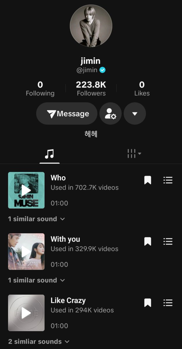 jmchartsmaster's tweet photo. The official BTS account has started following Jimin on Tiktok, and his music is now featured on his page! https://t.co/M7wS85EblA