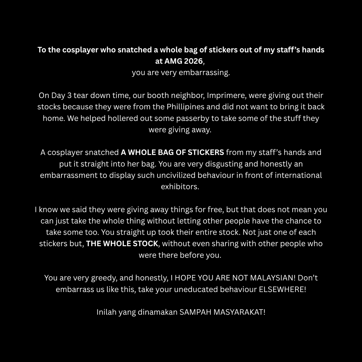 AquaMyraine's tweet photo. I'm not one to start drama, but this was just so disgusting... I know it's free stuff but still, pocketing the whole thing for yourself is just revolting, sickening, gross, repulsive, vile, nasty and alll the bad words.

I HOPE YOU ARE NOT A MALAYSIAN! https://t.co/J6M4qhxLDn
