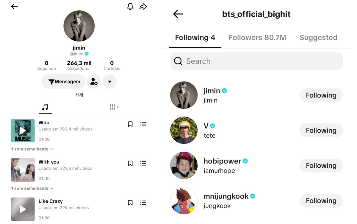 UpdateParkJimin's tweet photo. 📍— UPDATES! #JIMIN ultrapassou 266 mil seguidores no TikTok! 

Além disso, suas músicas solo já foram vinculadas à sua conta, e o perfil oficial do BTS já está seguindo o perfil de Jimin. https://t.co/AbTggcfLj7