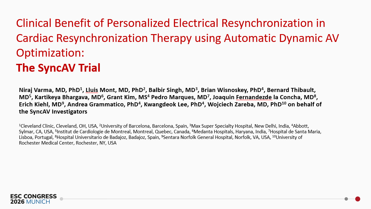 CMichaelGibson's tweet photo. SyncAV trial: Automatic dynamic AV delay optimization did not significantly improve the reduction in 12-month LVESV compared with standard fixed programming in patients with LBBB and HF. Download slides here: https://t.co/YEk0rOUaAp https://t.co/cS5XWQjcQL
